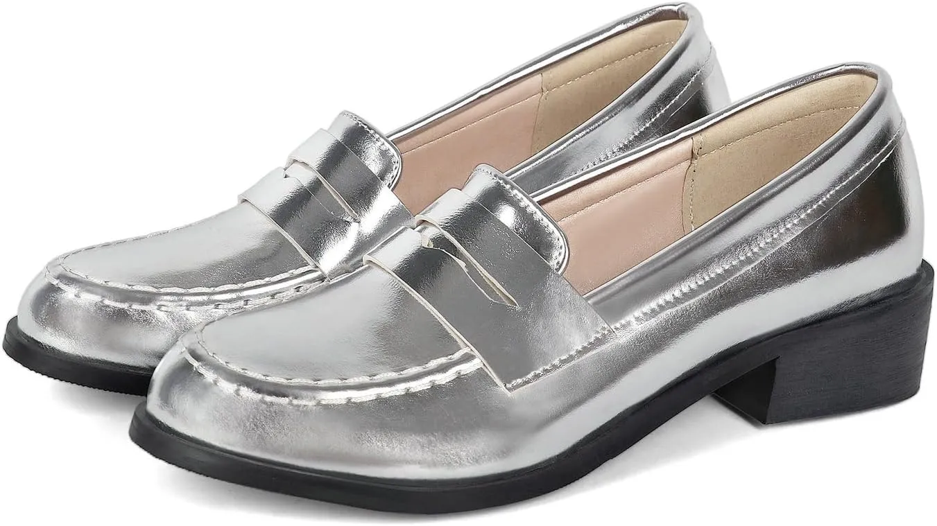 UniqueStride Womens Loafers Flat Shoes Patent Leather Platform Low Chunky Heel Classic Round Toe Pumps