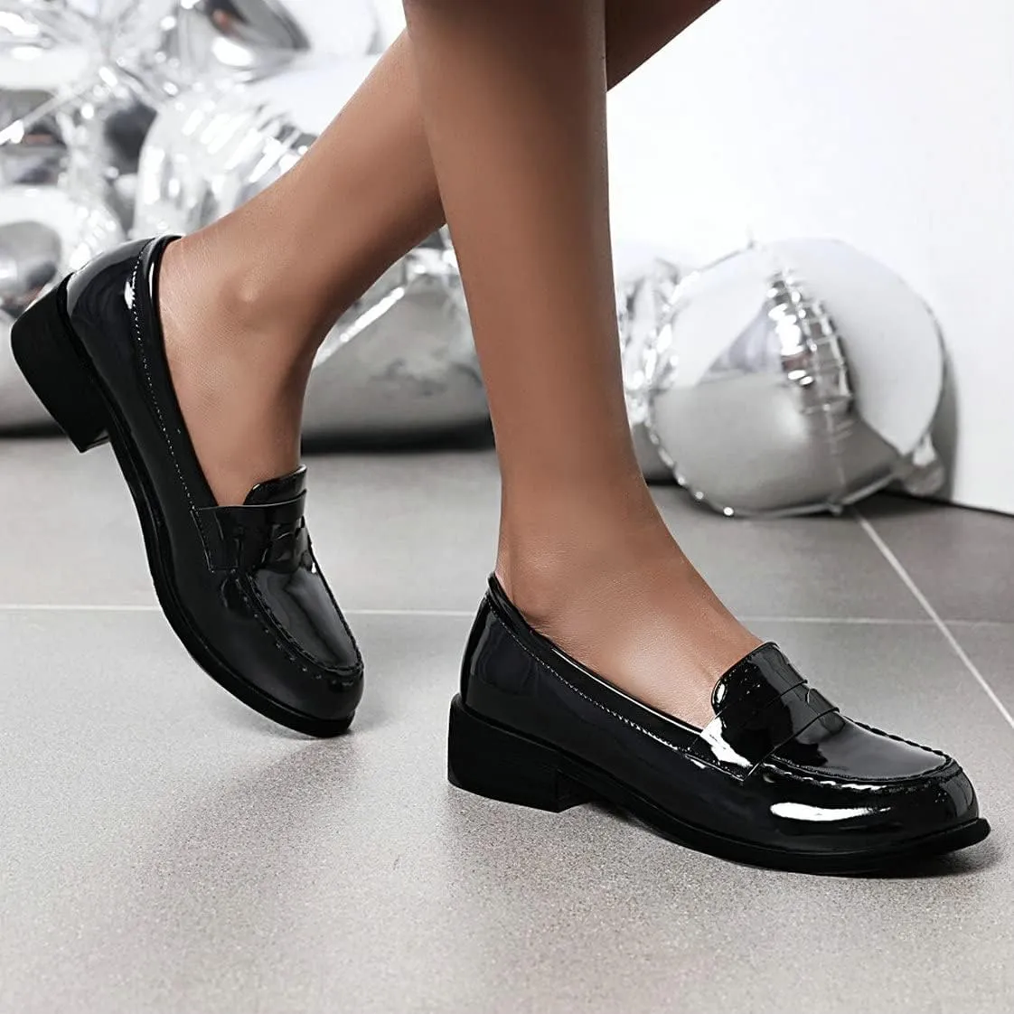 UniqueStride Womens Loafers Flat Shoes Patent Leather Platform Low Chunky Heel Classic Round Toe Pumps