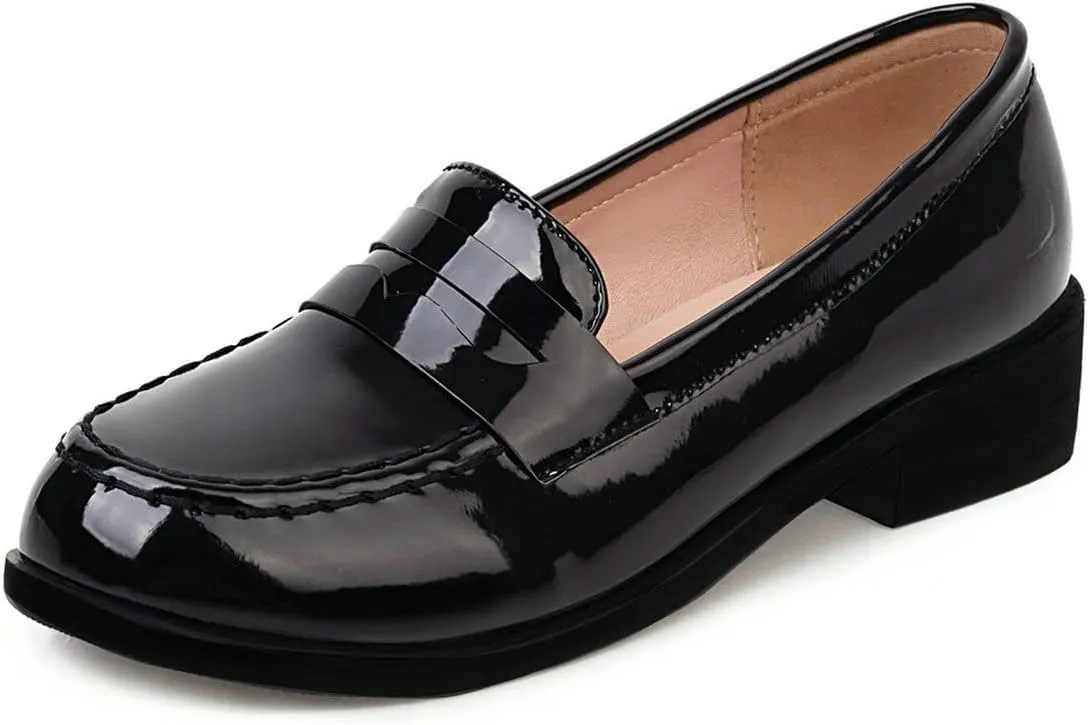 UniqueStride Womens Loafers Flat Shoes Patent Leather Platform Low Chunky Heel Classic Round Toe Pumps