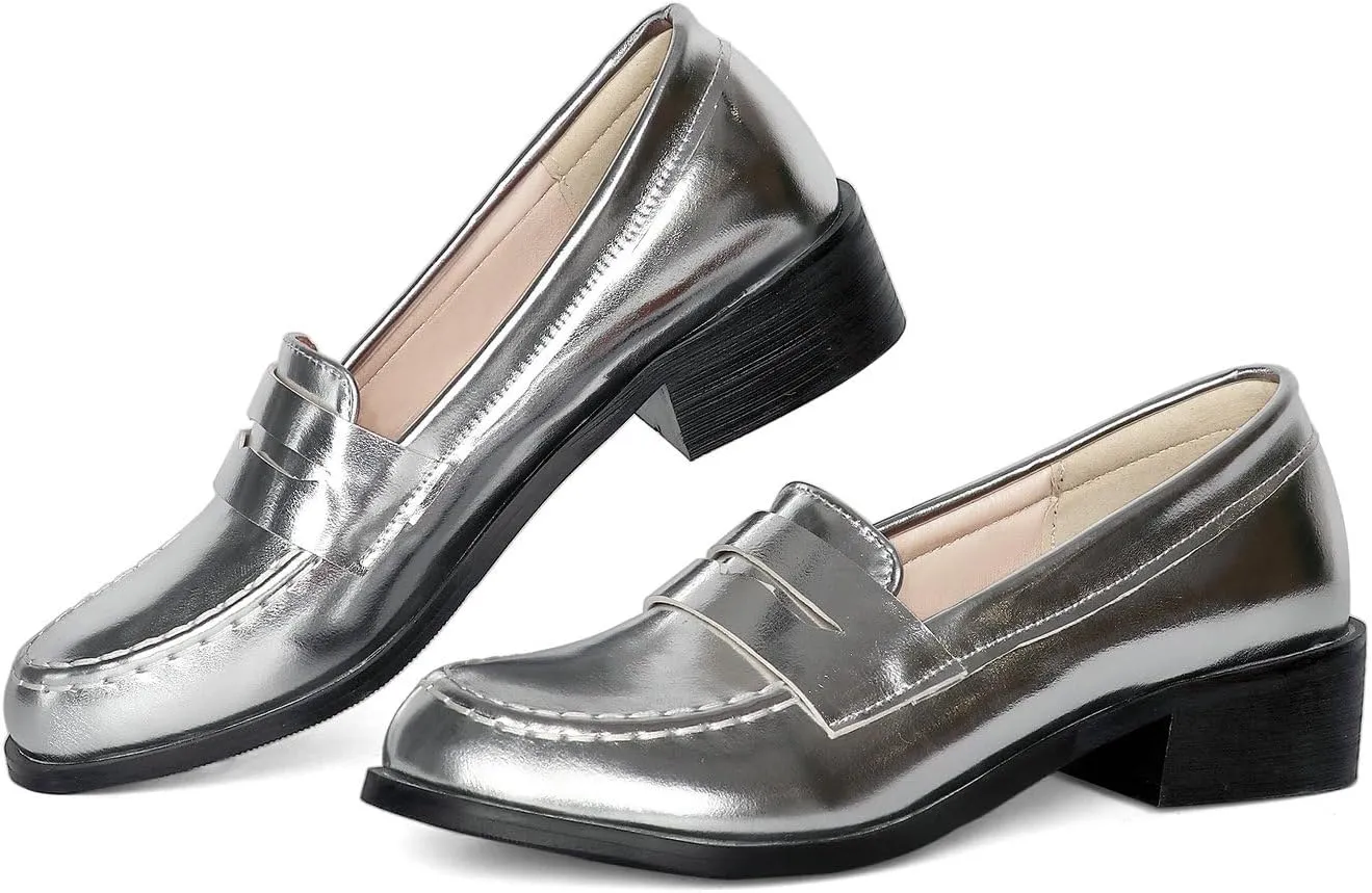 UniqueStride Womens Loafers Flat Shoes Patent Leather Platform Low Chunky Heel Classic Round Toe Pumps