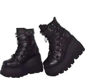 UOQAPRE Women's High Heel Combat Boots Square Toe Lace Up Ankle Booties Fashion Wedge Chunky Platform Boots Zipper Bootie Shoes