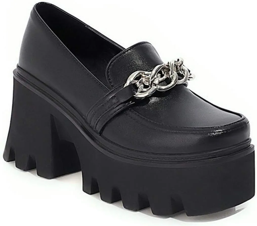 VOKLIN Women's Platform Slip On Penny Loafers Pumps Round Toe Metallic Chunky High Heel Oxfords Dress Shoes