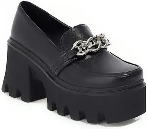 VOKLIN Women's Platform Slip On Penny Loafers Pumps Round Toe Metallic Chunky High Heel Oxfords Dress Shoes