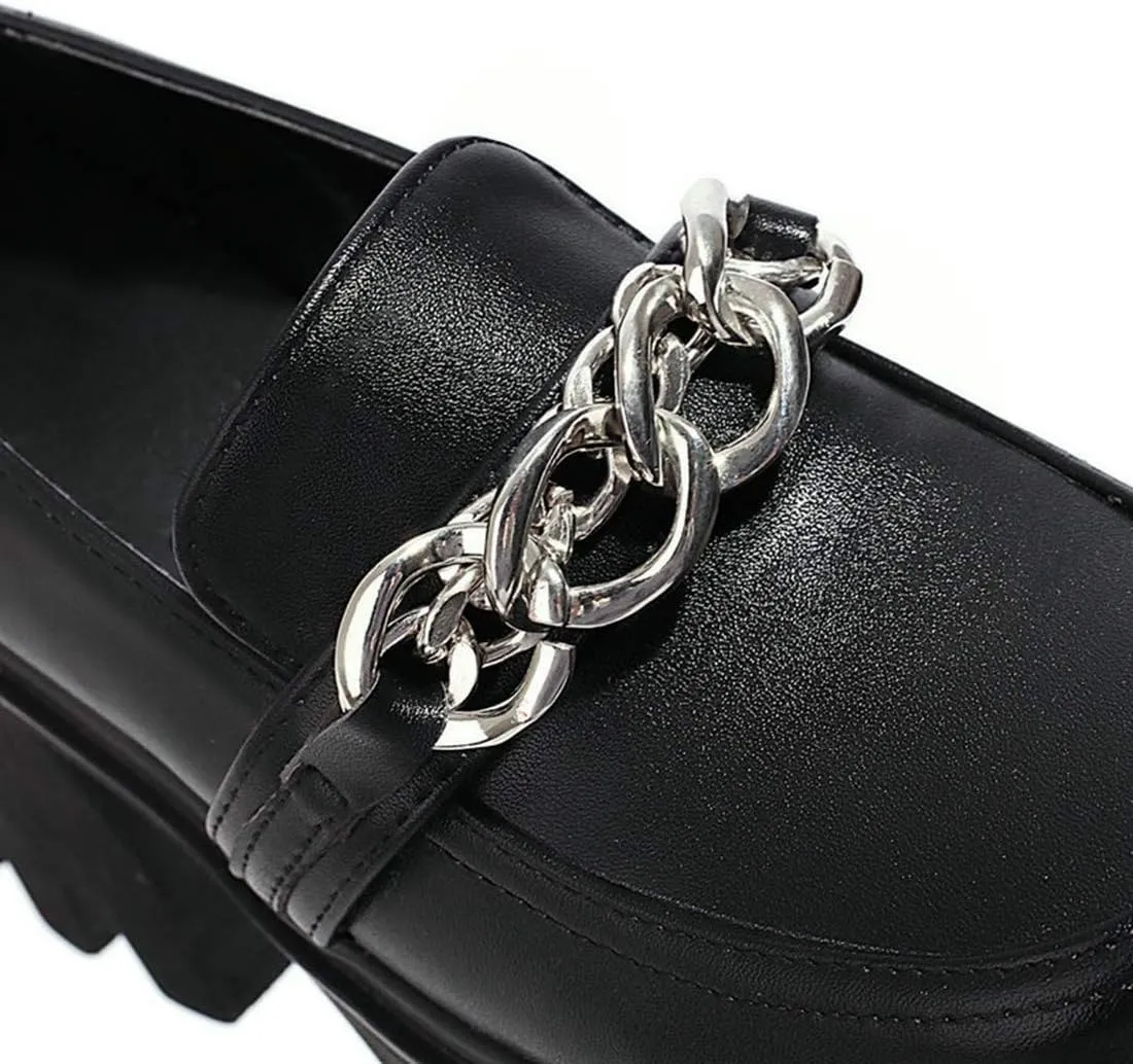 VOKLIN Women's Platform Slip On Penny Loafers Pumps Round Toe Metallic Chunky High Heel Oxfords Dress Shoes