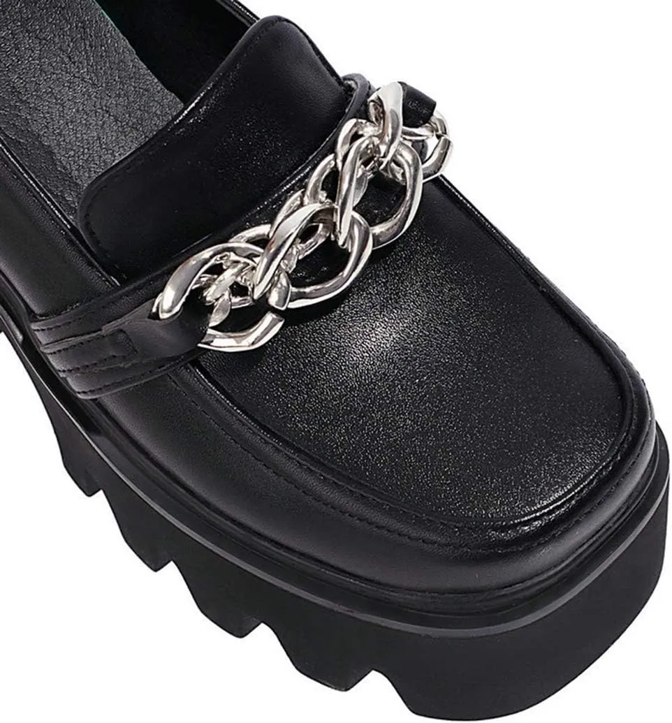 VOKLIN Women's Platform Slip On Penny Loafers Pumps Round Toe Metallic Chunky High Heel Oxfords Dress Shoes