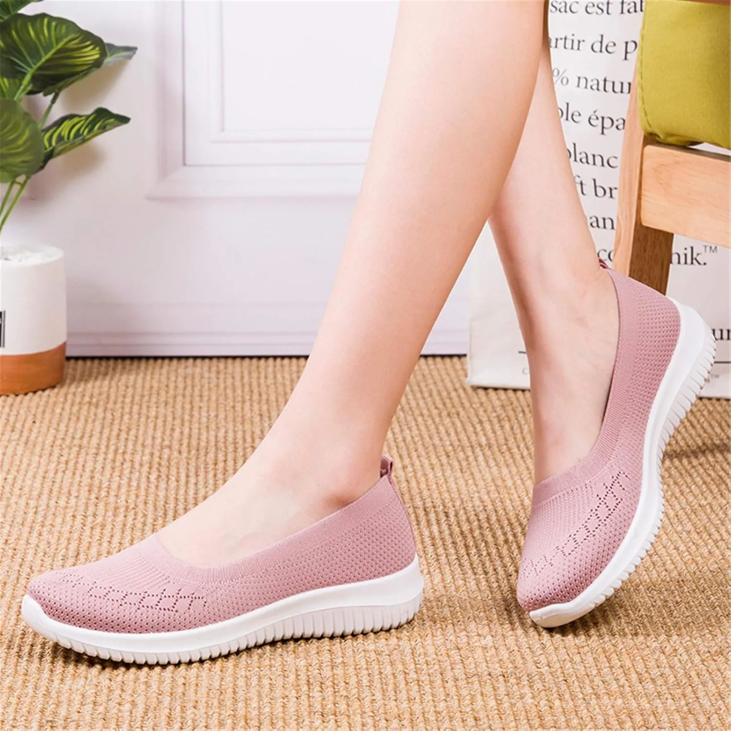 WILLFUN Womens Breathable Walking Shoes-Slip On Mesh Knitted Flats Soft Gym Sneakers Flexible Lightweight Casual Easy Shoes