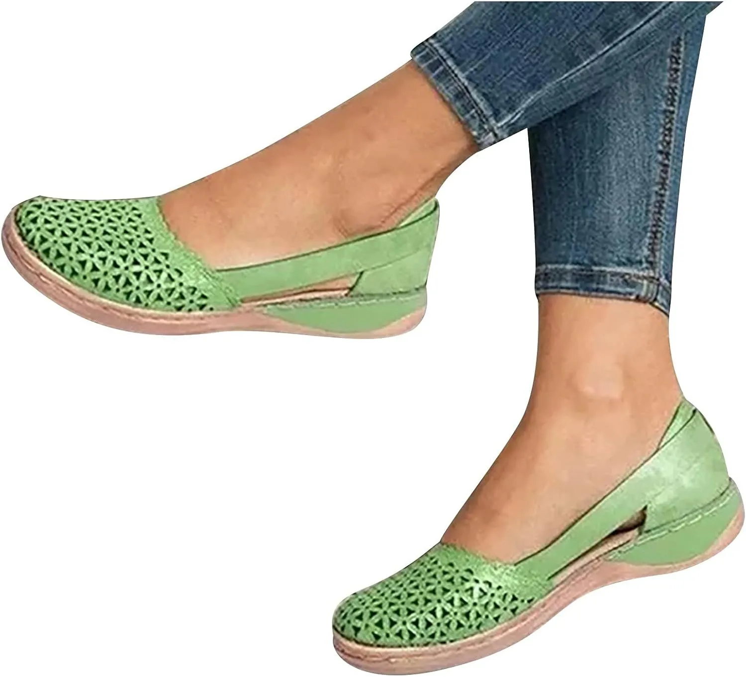 Womens Casual Hollow Out Round Toe Outdoor Slip On Shoes Flats Dressy Low Wedge Heel Sandals Workout Beach Walking Sandal Summer Comfortable Breathable Sandals