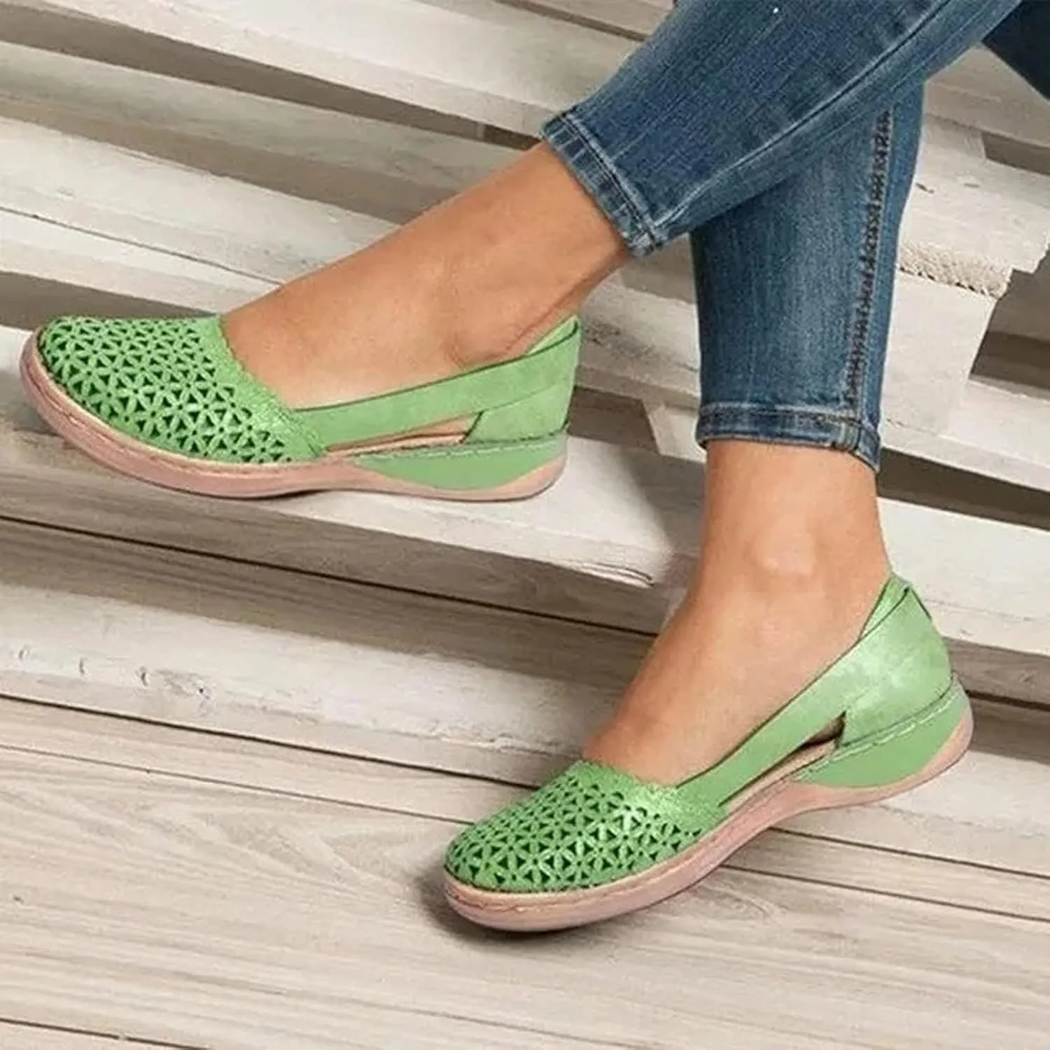 Womens Casual Hollow Out Round Toe Outdoor Slip On Shoes Flats Dressy Low Wedge Heel Sandals Workout Beach Walking Sandal Summer Comfortable Breathable Sandals