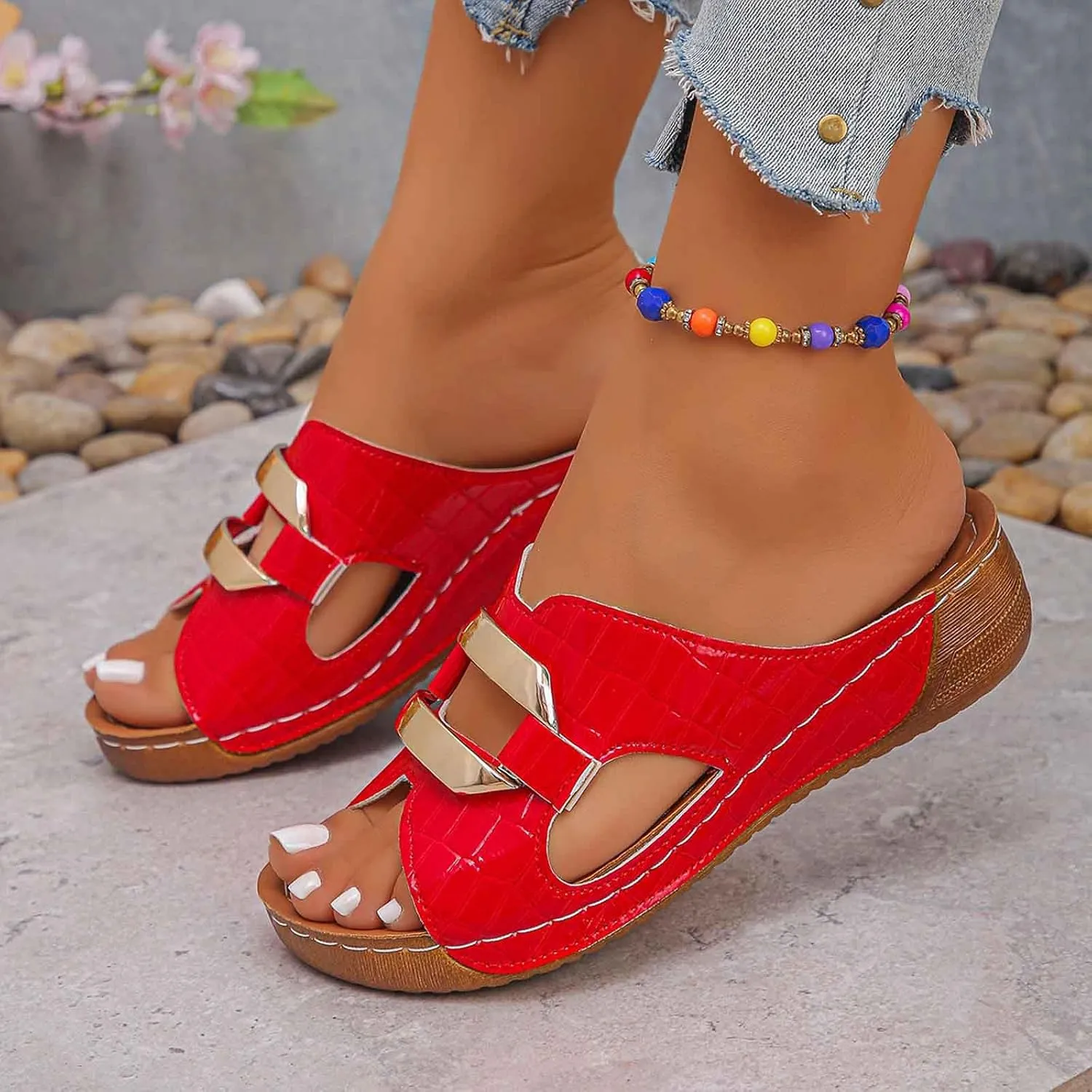 Women's Comfortable Slip On Sandals Open Toe Wedge Heel Lightweight Breathable Shoes For Everyday Wear Spring