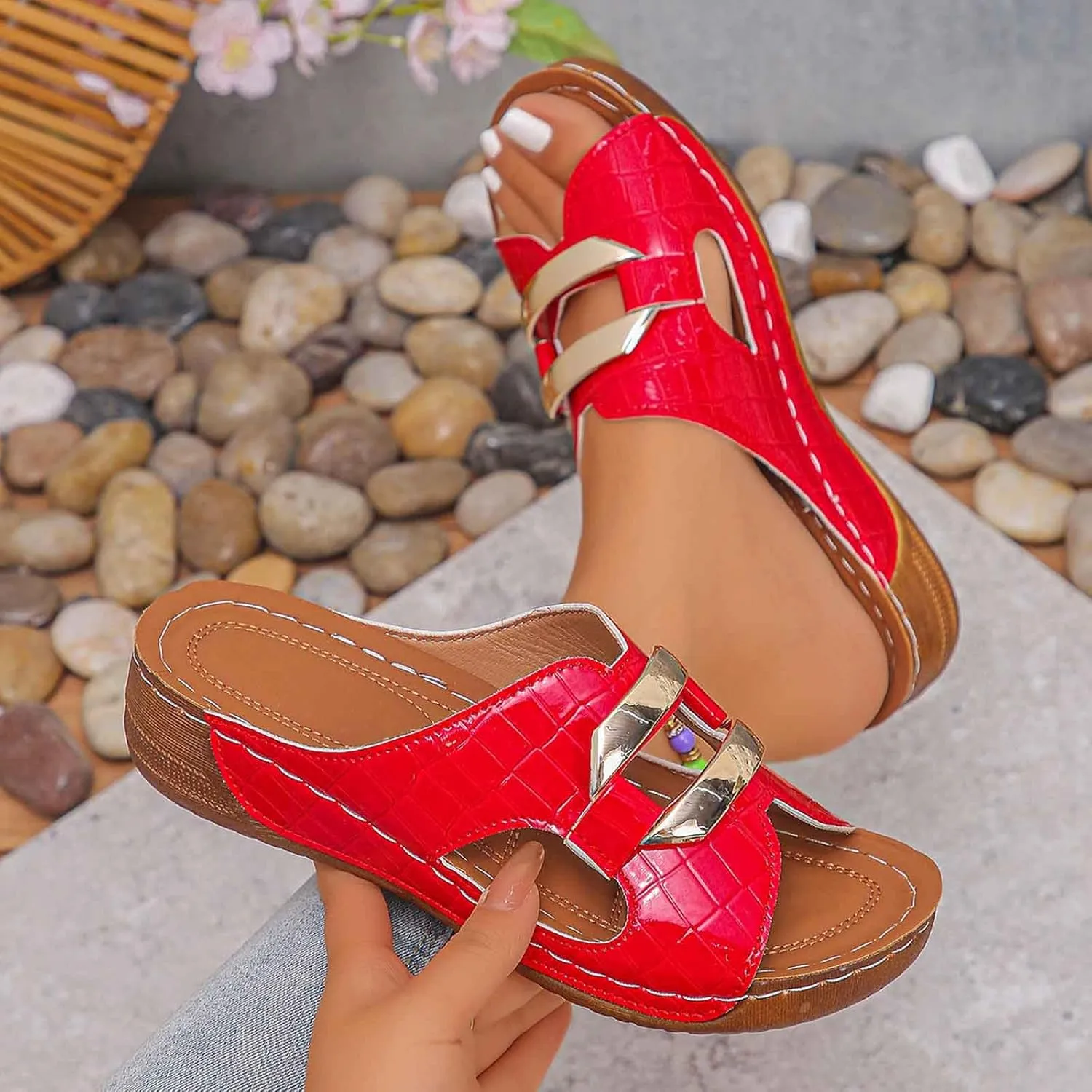 Women's Comfortable Slip On Sandals Open Toe Wedge Heel Lightweight Breathable Shoes For Everyday Wear Spring