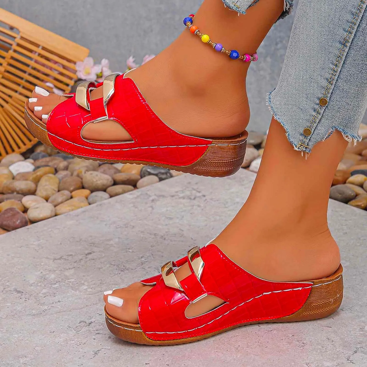 Women's Comfortable Slip On Sandals Open Toe Wedge Heel Lightweight Breathable Shoes For Everyday Wear Spring