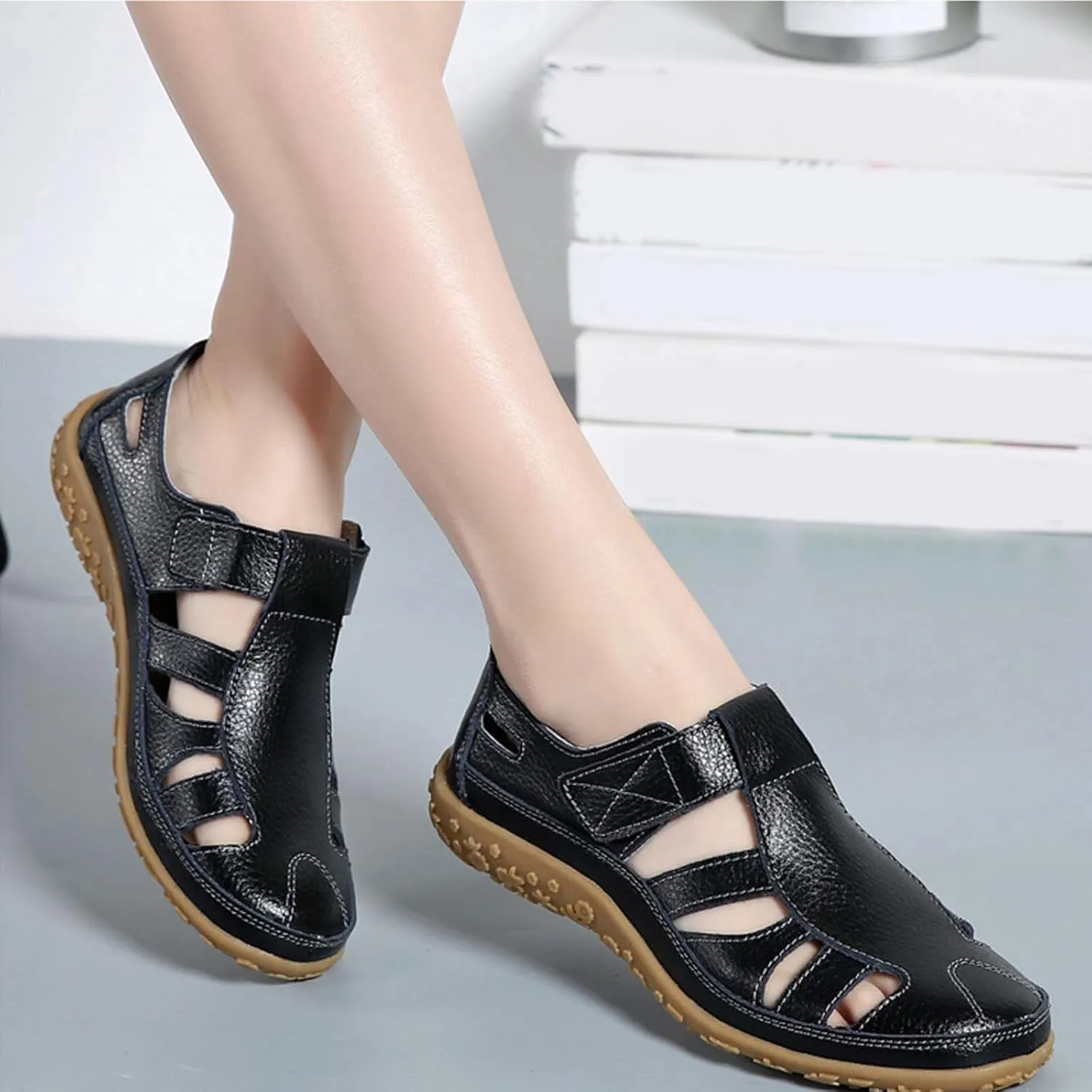 Women's Cutout Hook Sandals Non Slip Closed Toe Sandals Daily Breathable Walking Casual Shoes Summer Arch Support Walking Shoes Ankle Strap Beach Sandal Fashionable Versatile Casual Shoe