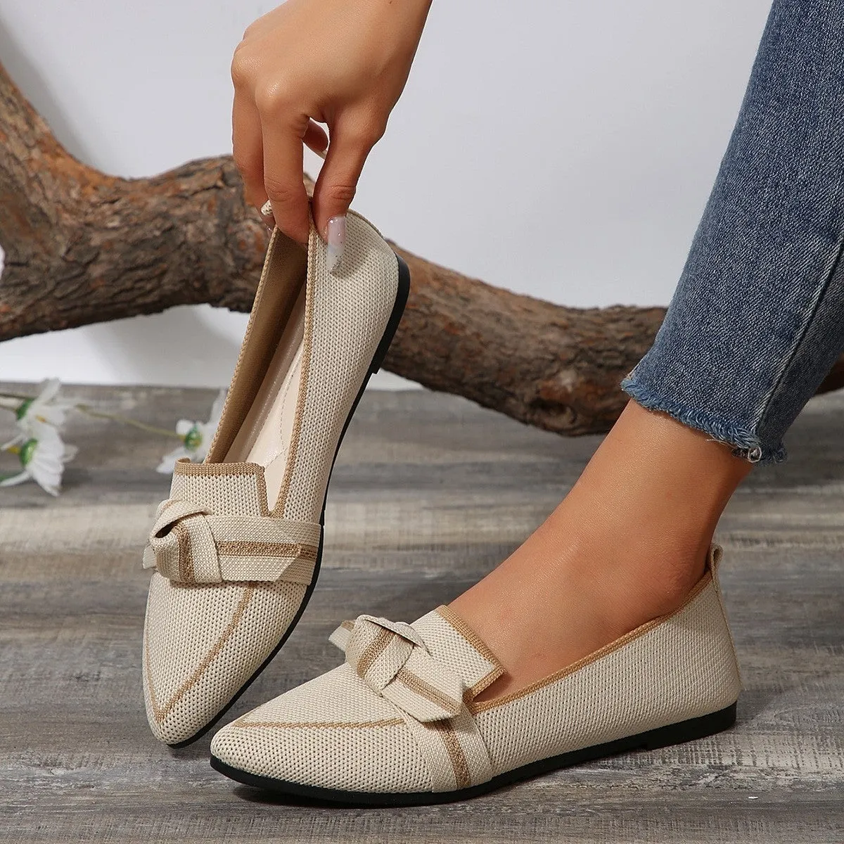 Women's Elegant Bow Contrast Trim Point Toe Loafers