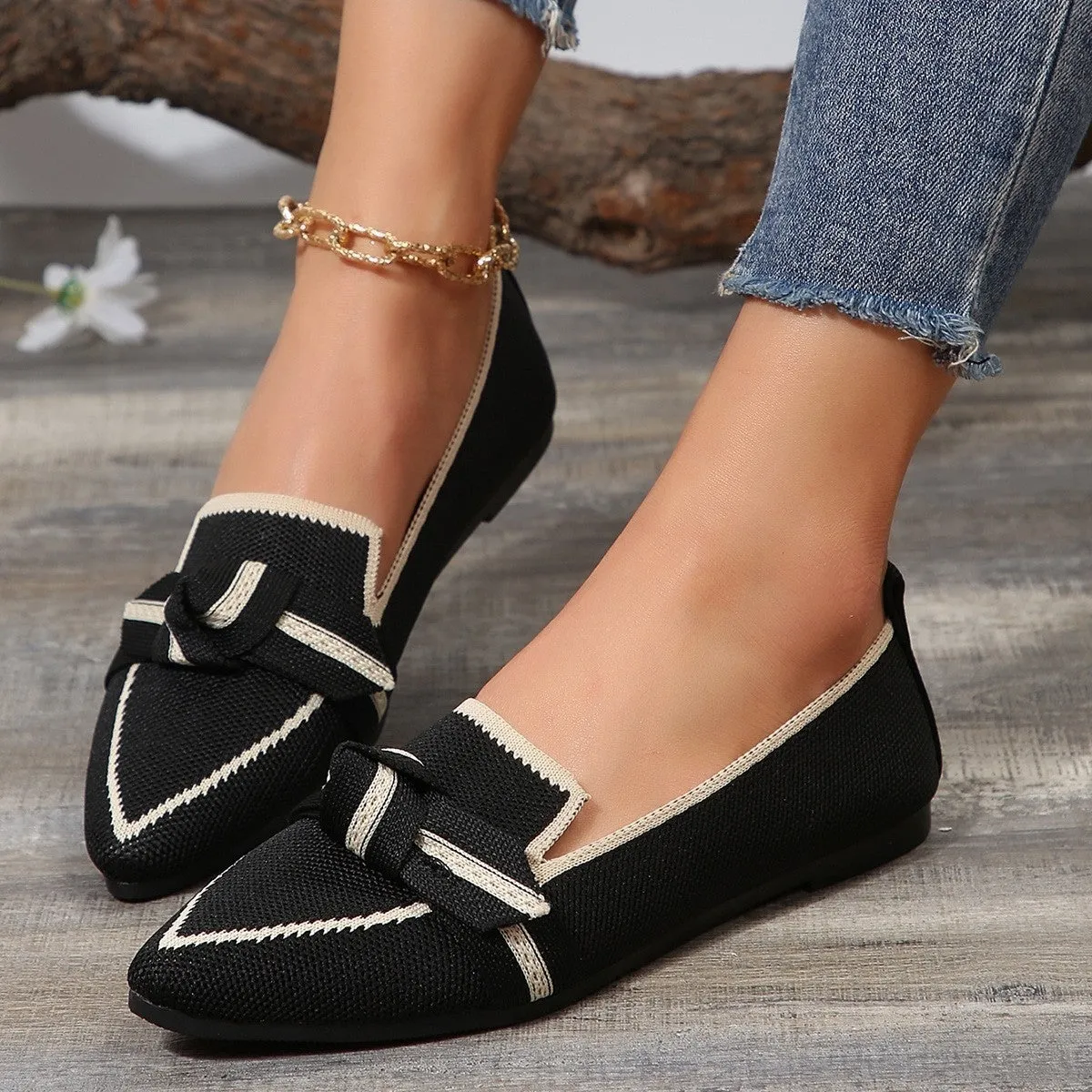 Women's Elegant Bow Contrast Trim Point Toe Loafers