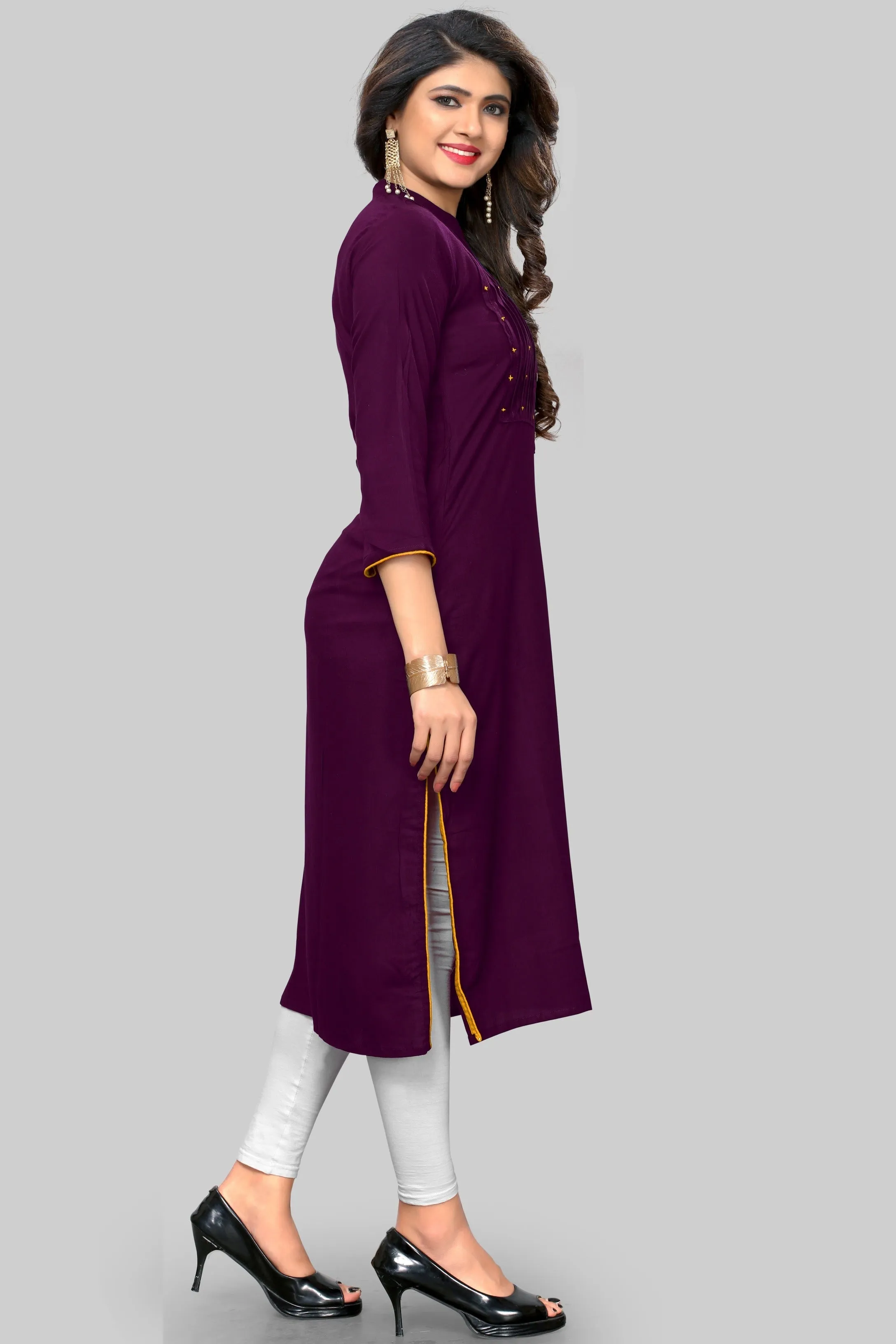 Women'S Embroidered Straight Rayon Purple Kurta Only
