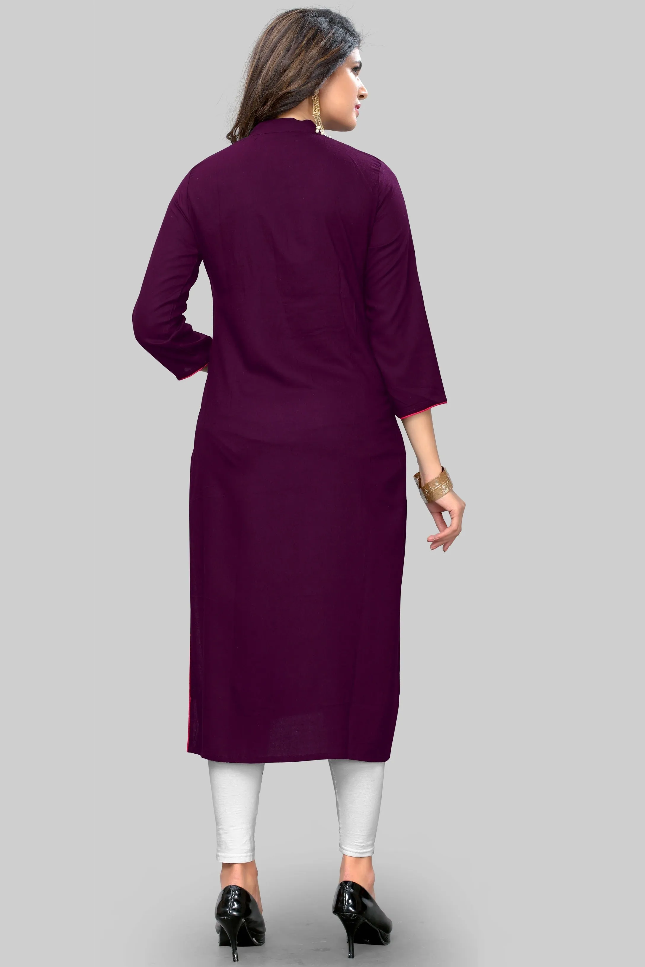 Women'S Embroidered Straight Rayon Purple Kurta Only