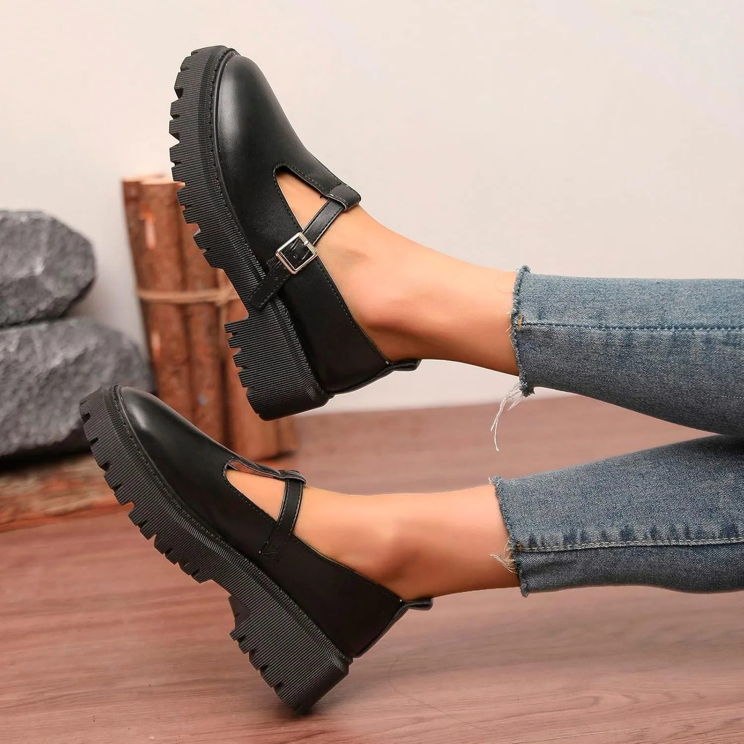 Women's Fashion Solid Color Thick Soled Leather Casual Shoes Temperament Comfortable Slip On Shoes Platform Wedge Sandal