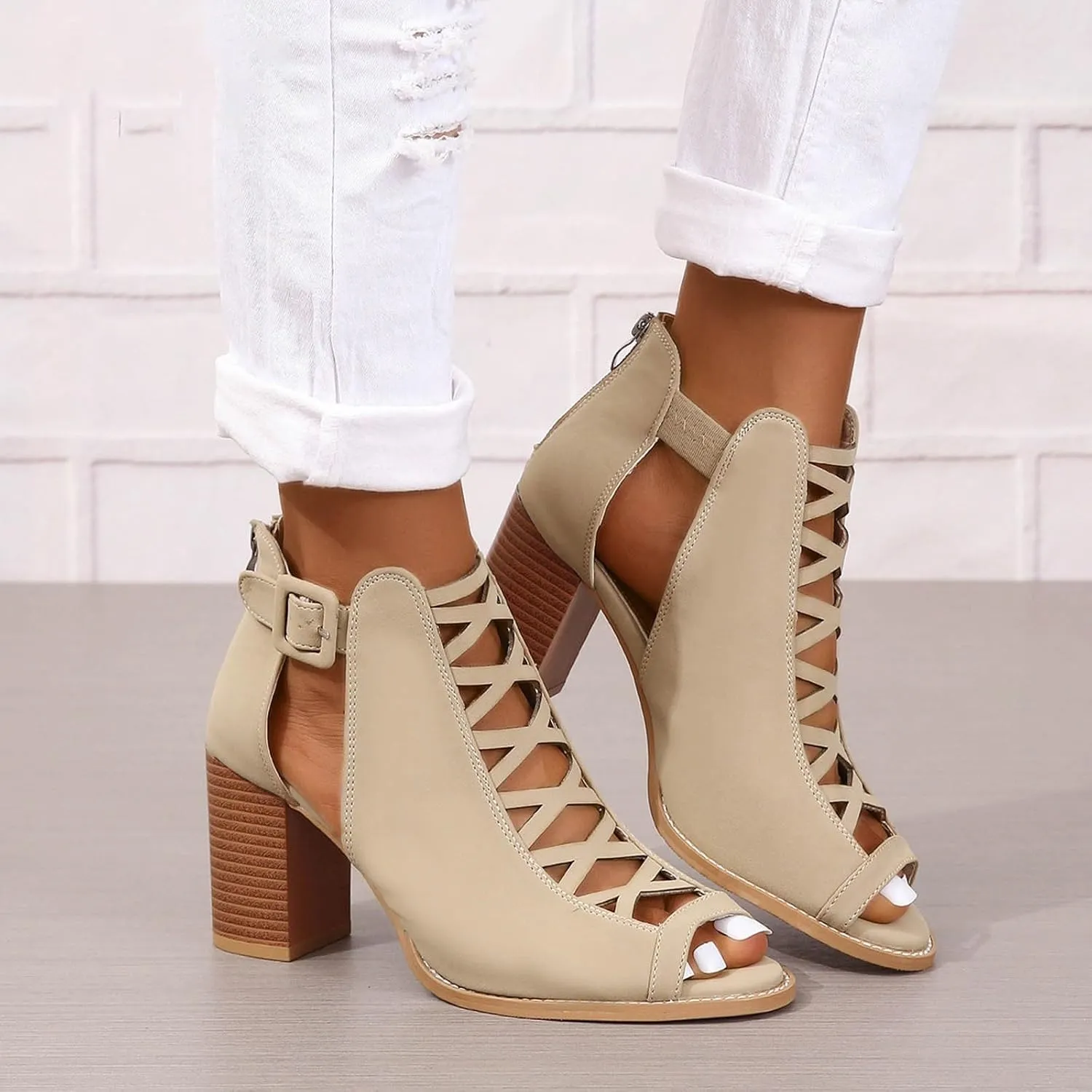 Women's Open Toe Booties with Block Heel and Side Comfortable and Stylish Cut Out Design Open Toe High Heeled Booties