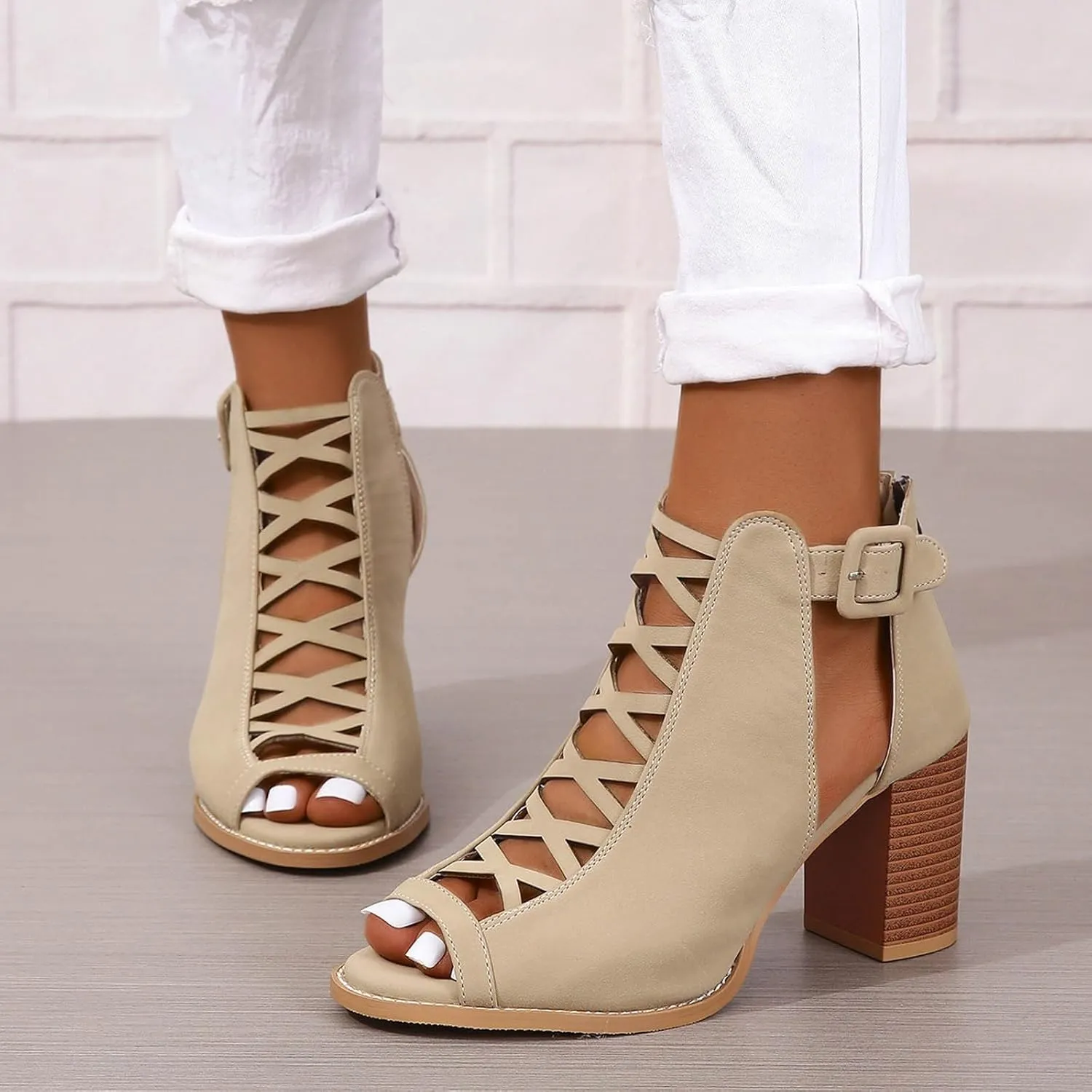 Women's Open Toe Booties with Block Heel and Side Comfortable and Stylish Cut Out Design Open Toe High Heeled Booties