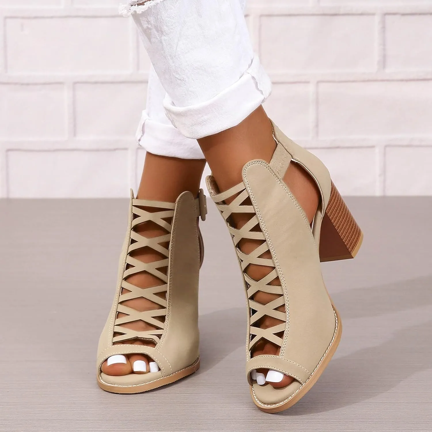 Women's Open Toe Booties with Block Heel and Side Comfortable and Stylish Cut Out Design Open Toe High Heeled Booties