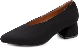 Women's Pointed Toe Chunky Block Mid Heel Pumps Suede Slip-On Loafer Casual Work Office Dress Shoes
