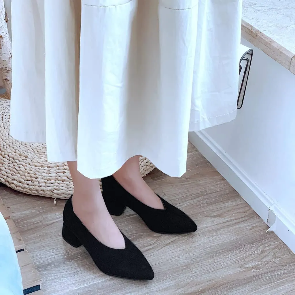 Women's Pointed Toe Chunky Block Mid Heel Pumps Suede Slip-On Loafer Casual Work Office Dress Shoes