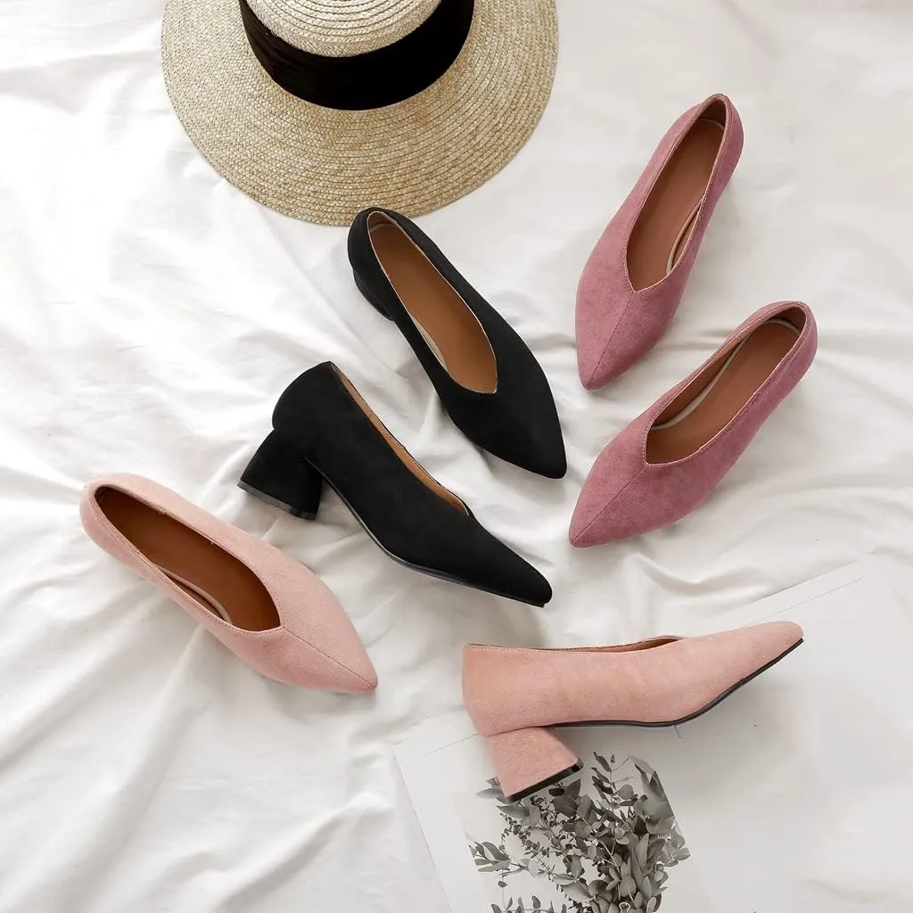 Women's Pointed Toe Chunky Block Mid Heel Pumps Suede Slip-On Loafer Casual Work Office Dress Shoes