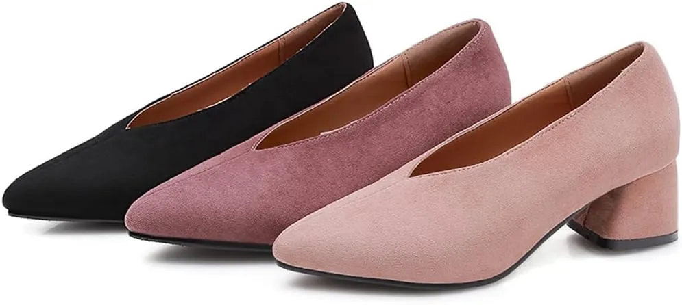 Women's Pointed Toe Chunky Block Mid Heel Pumps Suede Slip-On Loafer Casual Work Office Dress Shoes