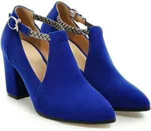 Women's Pointed Toe Fashion Pumps Suede Buckle Strap Cut Out Korean Block High Heel Dress Shoes