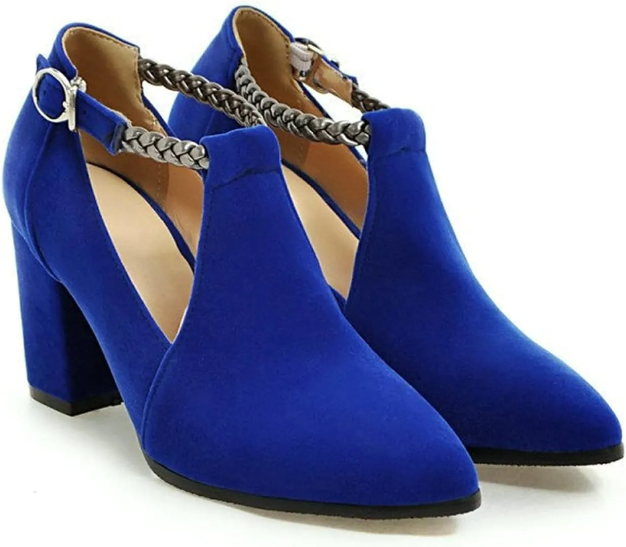 Women's Pointed Toe Fashion Pumps Suede Buckle Strap Cut Out Korean Block High Heel Dress Shoes