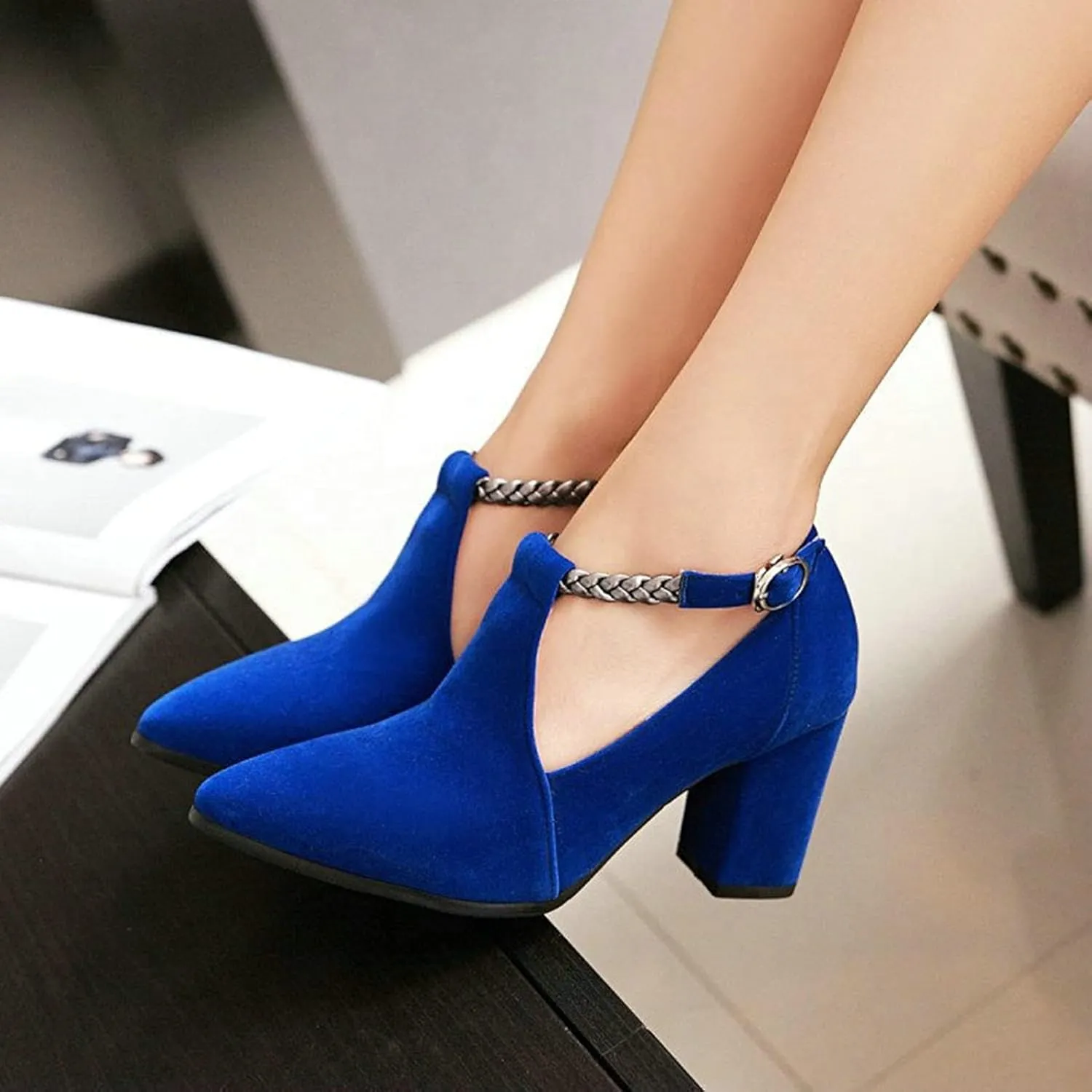 Women's Pointed Toe Fashion Pumps Suede Buckle Strap Cut Out Korean Block High Heel Dress Shoes