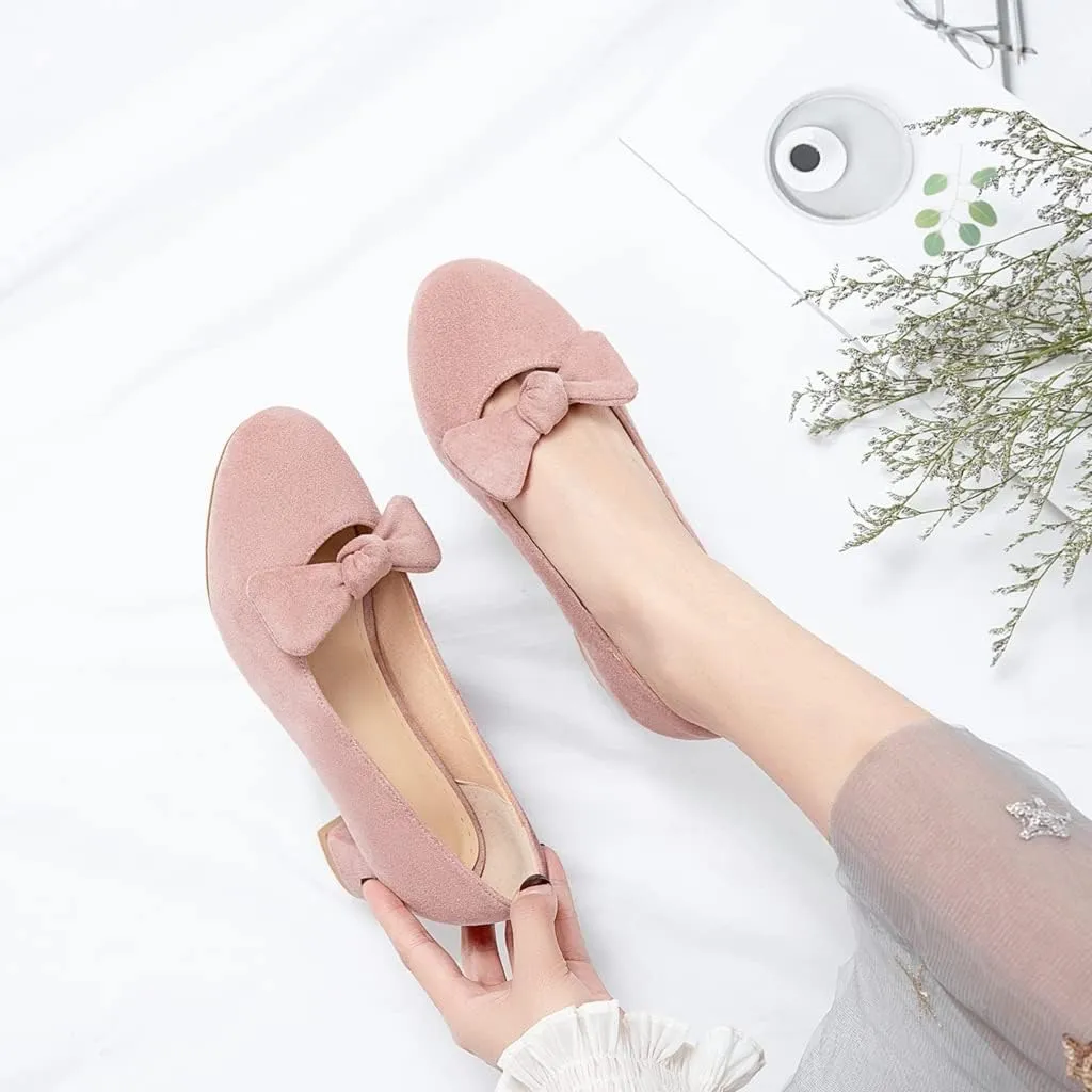 Women's Square Toe Comfy Kitten Low Heel Pumps Slip On Suede Classic Bowtie Office Work Dress Shoes
