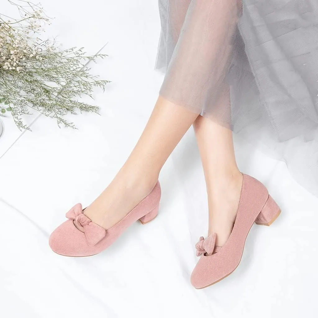 Women's Square Toe Comfy Kitten Low Heel Pumps Slip On Suede Classic Bowtie Office Work Dress Shoes