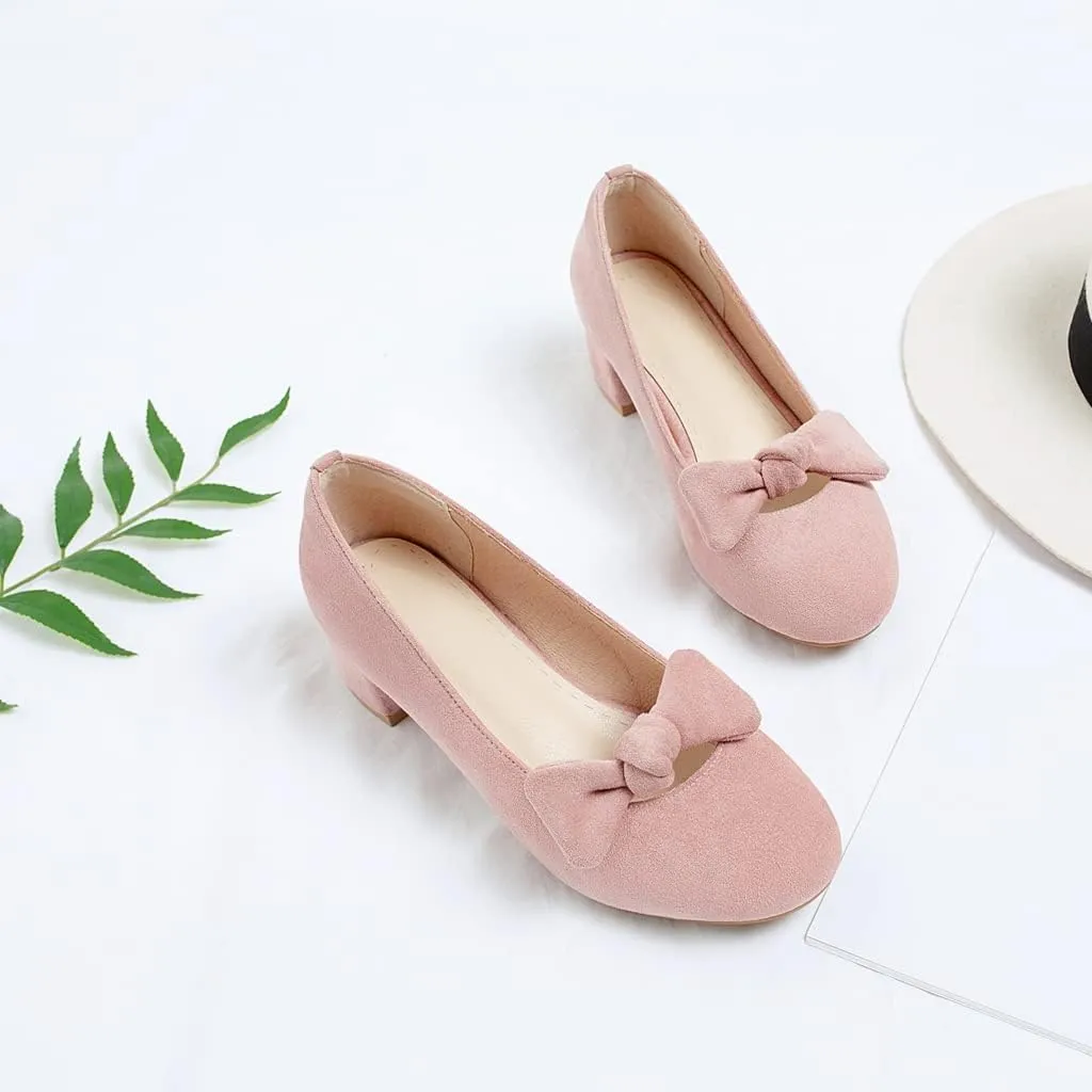 Women's Square Toe Comfy Kitten Low Heel Pumps Slip On Suede Classic Bowtie Office Work Dress Shoes