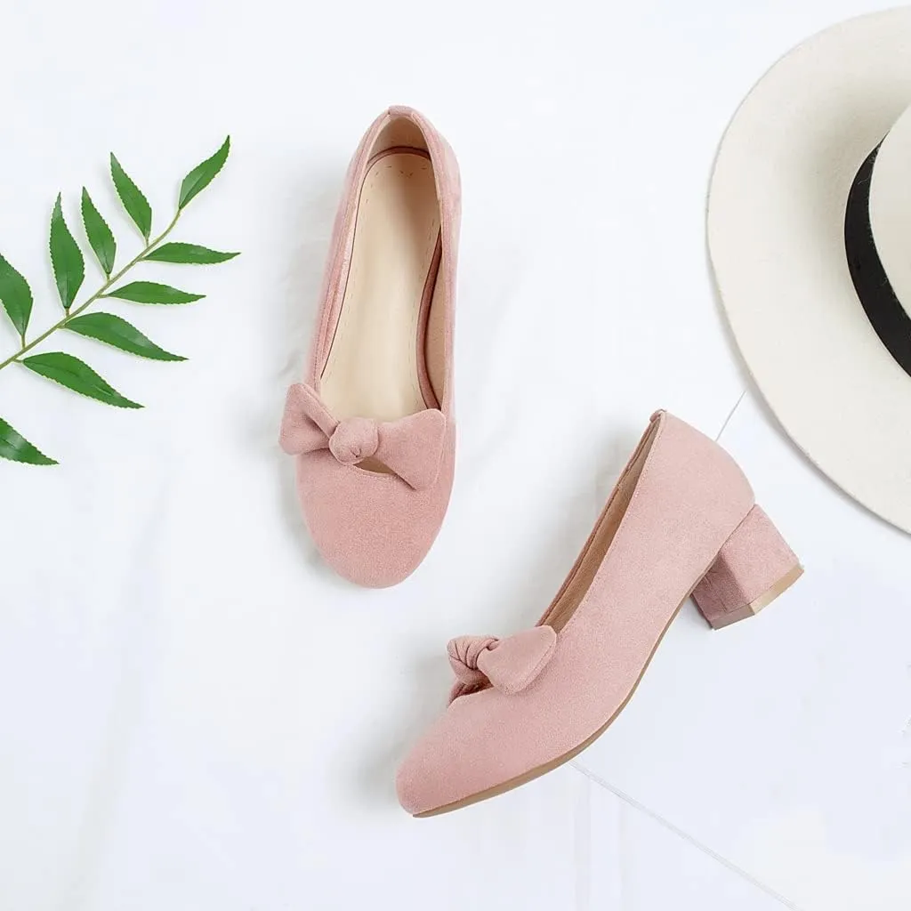 Women's Square Toe Comfy Kitten Low Heel Pumps Slip On Suede Classic Bowtie Office Work Dress Shoes