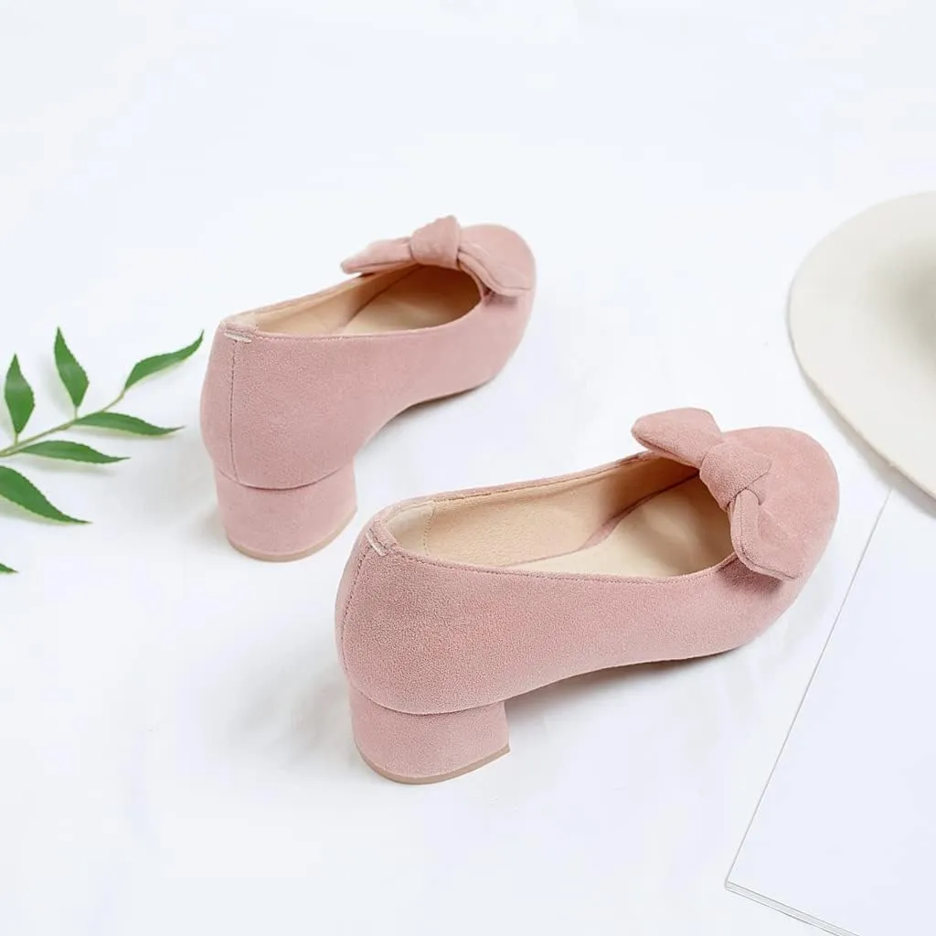 Women's Square Toe Comfy Kitten Low Heel Pumps Slip On Suede Classic Bowtie Office Work Dress Shoes