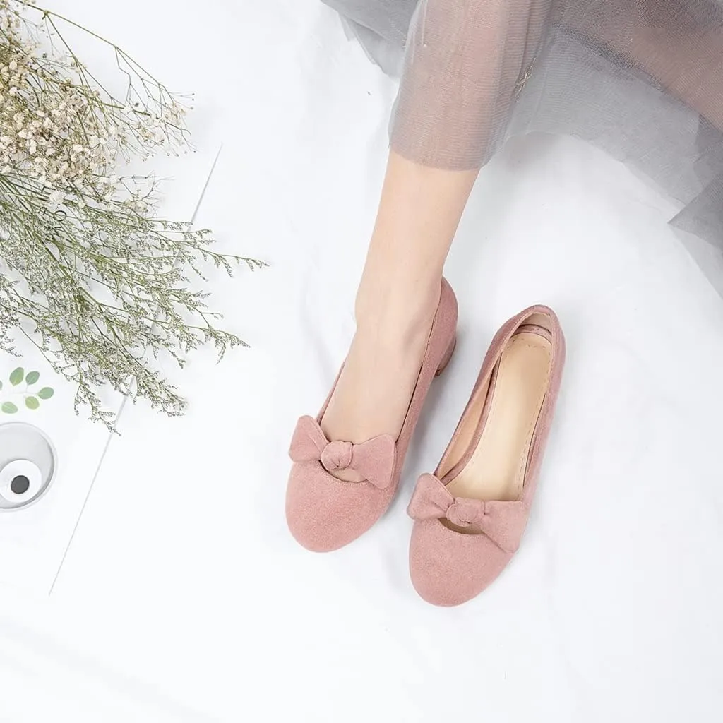 Women's Square Toe Comfy Kitten Low Heel Pumps Slip On Suede Classic Bowtie Office Work Dress Shoes