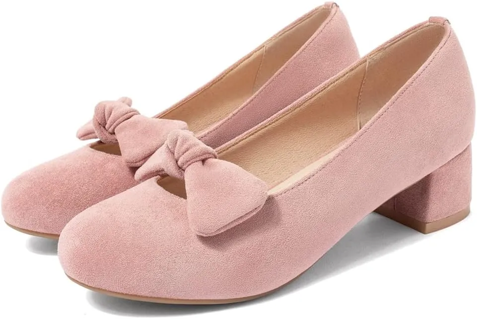 Women's Square Toe Comfy Kitten Low Heel Pumps Slip On Suede Classic Bowtie Office Work Dress Shoes