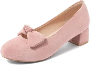 Women's Square Toe Comfy Kitten Low Heel Pumps Slip On Suede Classic Bowtie Office Work Dress Shoes