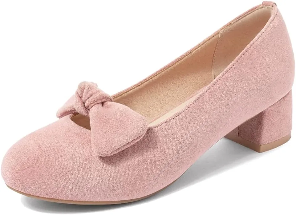 Women's Square Toe Comfy Kitten Low Heel Pumps Slip On Suede Classic Bowtie Office Work Dress Shoes