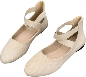 Women's Suede Ballet Shoes Large Size Shallow Mouth Elastic Strap Round Head Shoes Flat Heel Single Shoes Flat Shoes, 4