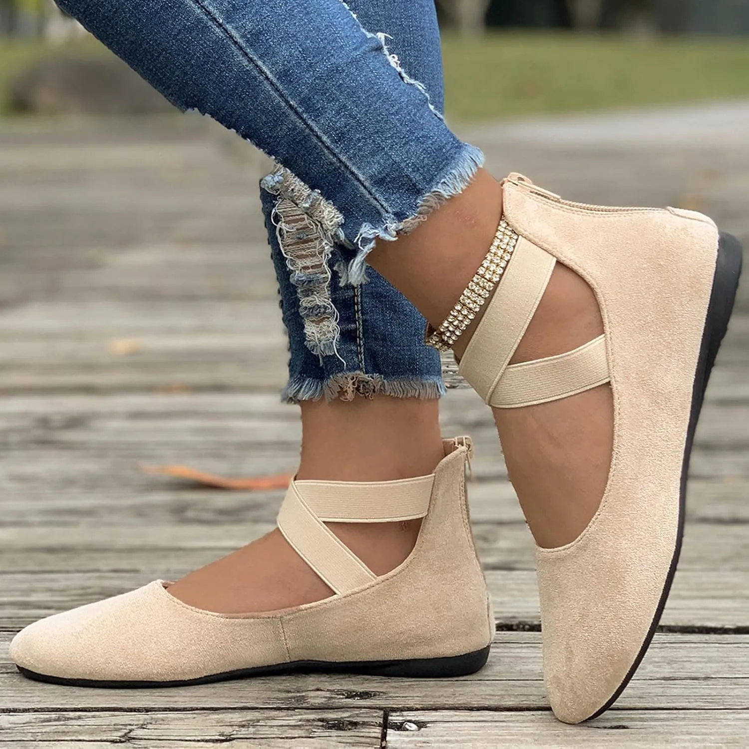 Women's Suede Ballet Shoes Large Size Shallow Mouth Elastic Strap Round Head Shoes Flat Heel Single Shoes Flat Shoes, 4