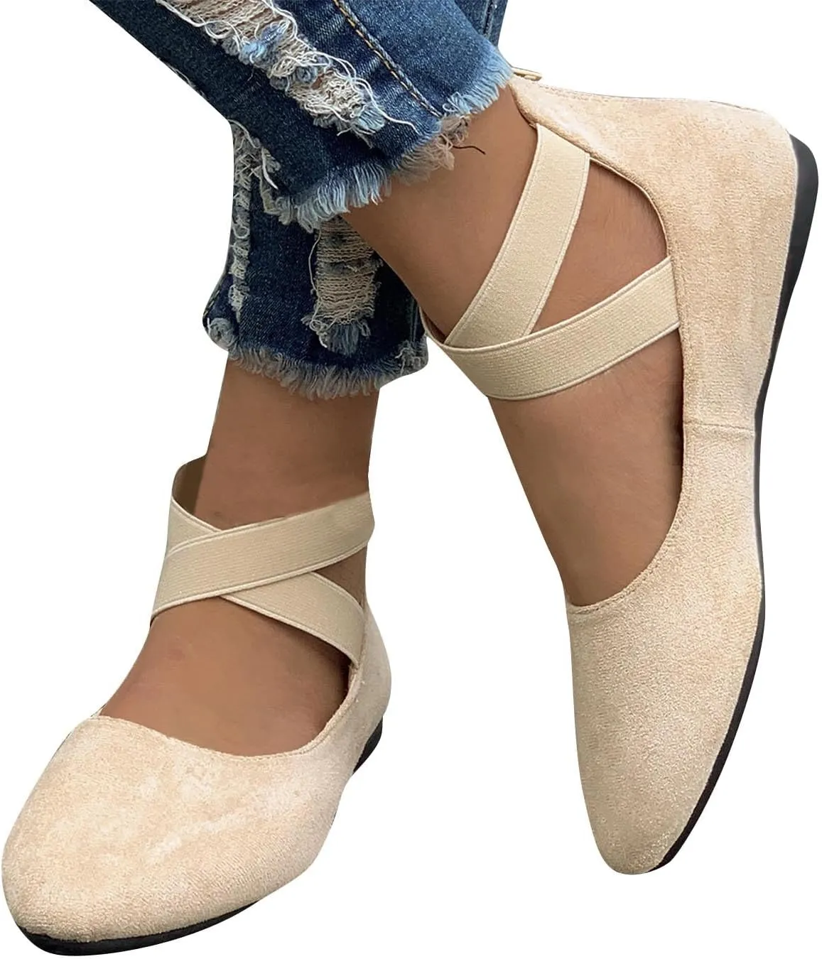Women's Suede Ballet Shoes Large Size Shallow Mouth Elastic Strap Round Head Shoes Flat Heel Single Shoes Flat Shoes, 4