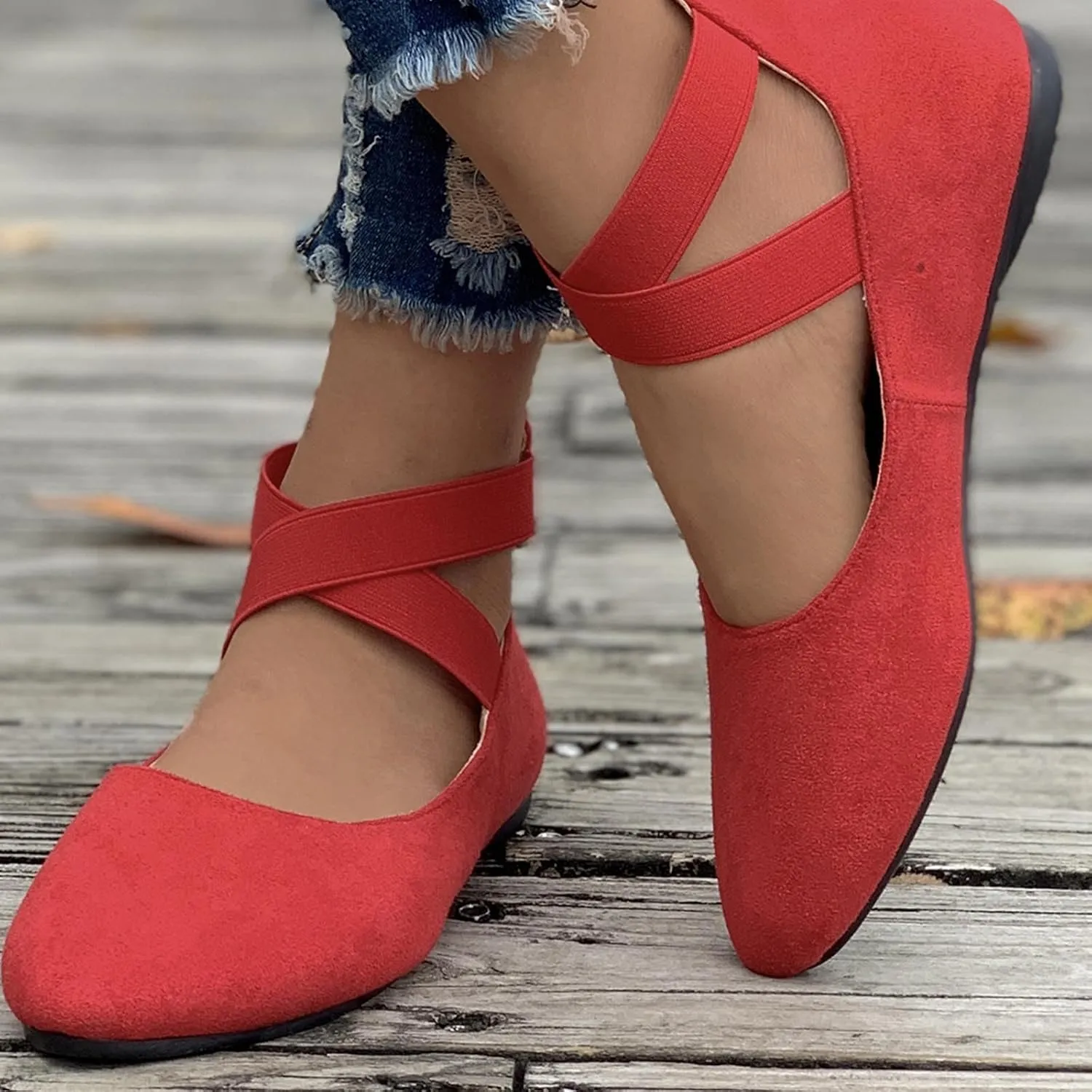 Women's Suede Ballet Shoes Large Size Shallow Mouth Elastic Strap Round Head Shoes Flat Heel Single Shoes Flat Shoes, 4