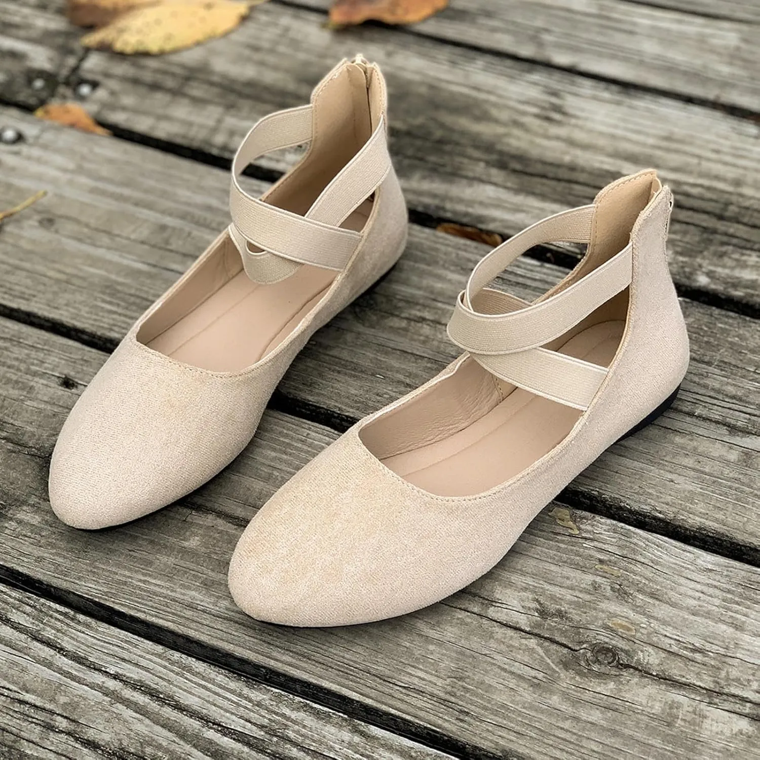 Women's Suede Ballet Shoes Large Size Shallow Mouth Elastic Strap Round Head Shoes Flat Heel Single Shoes Flat Shoes, 4