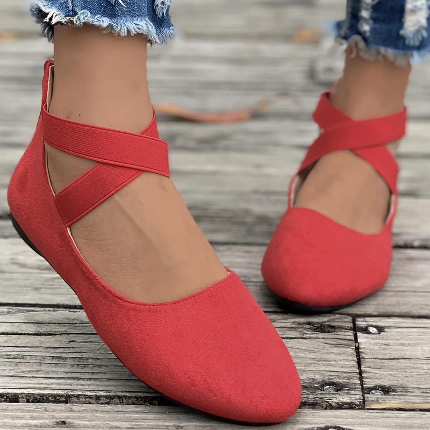 Women's Suede Ballet Shoes Large Size Shallow Mouth Elastic Strap Round Head Shoes Flat Heel Single Shoes Flat Shoes, 4