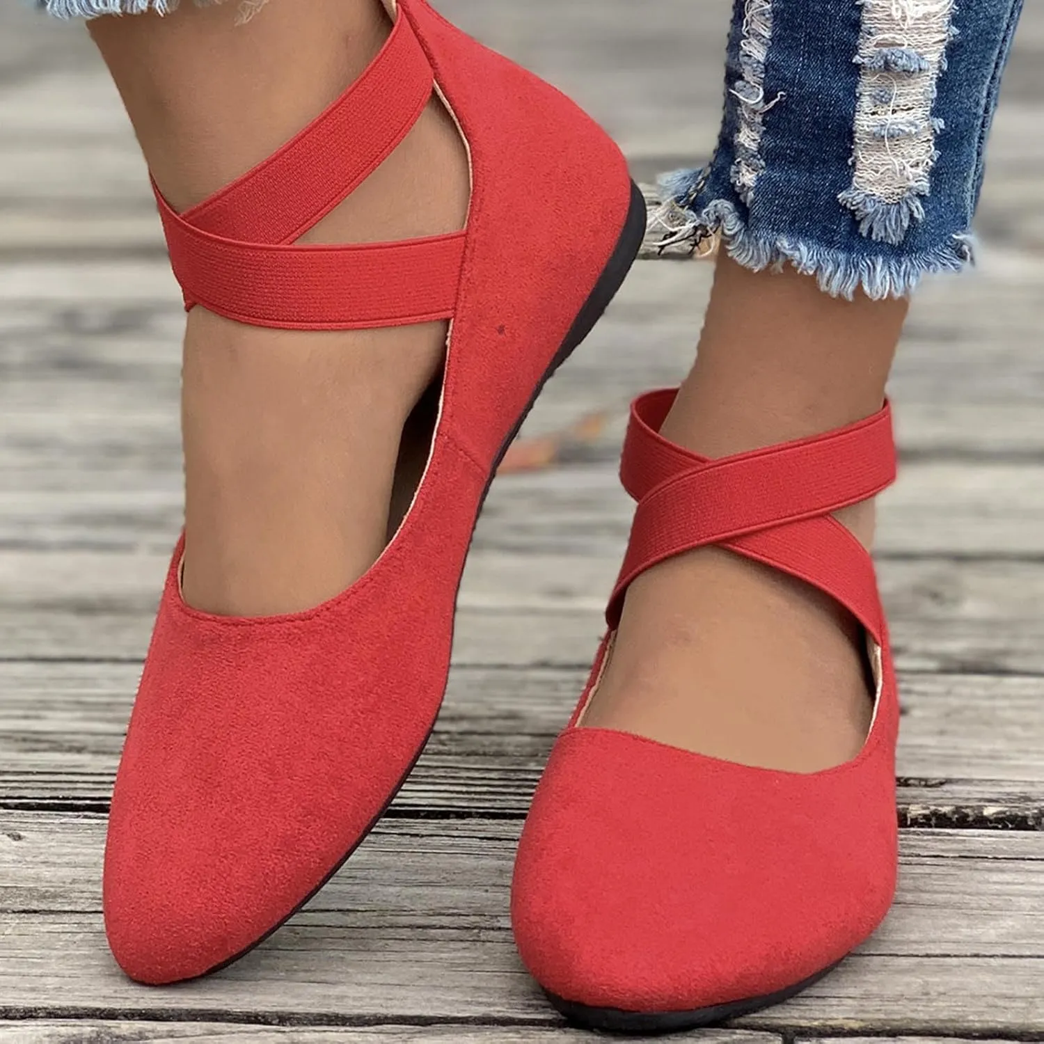 Women's Suede Ballet Shoes Large Size Shallow Mouth Elastic Strap Round Head Shoes Flat Heel Single Shoes Flat Shoes, 4