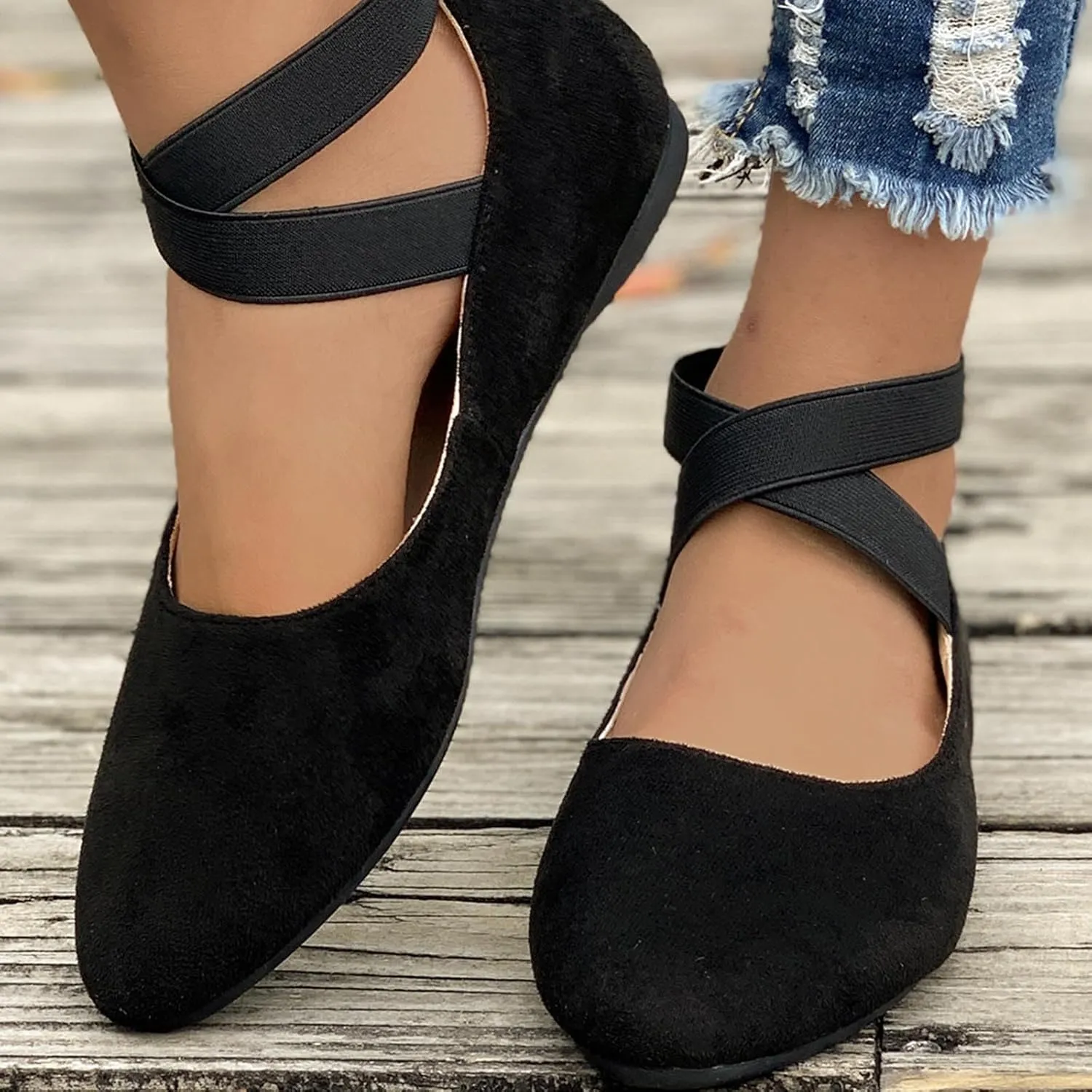 Women's Suede Ballet Shoes Large Size Shallow Mouth Elastic Strap Round Head Shoes Flat Heel Single Shoes Flat Shoes, 4