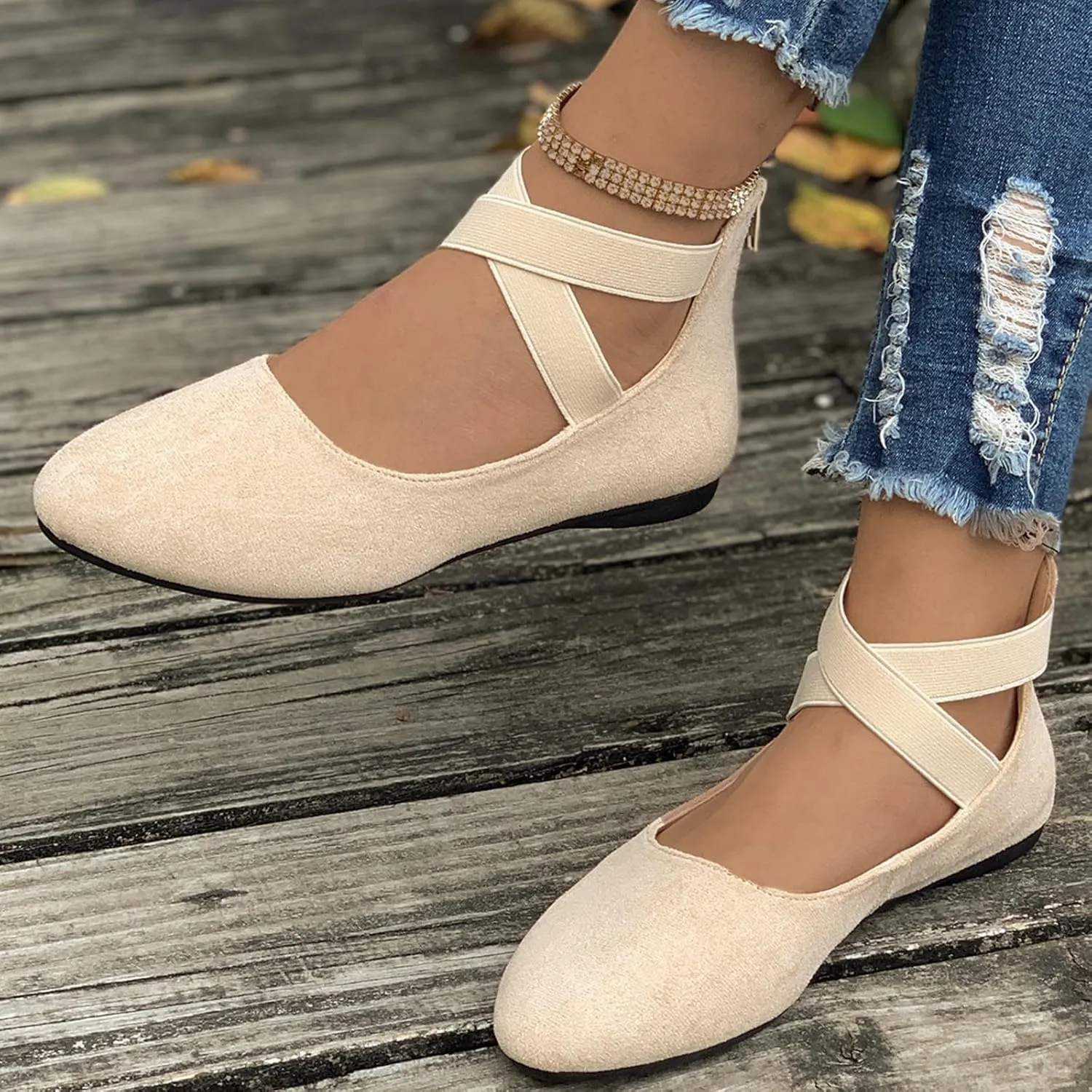 Women's Suede Ballet Shoes Large Size Shallow Mouth Elastic Strap Round Head Shoes Flat Heel Single Shoes Flat Shoes, 4