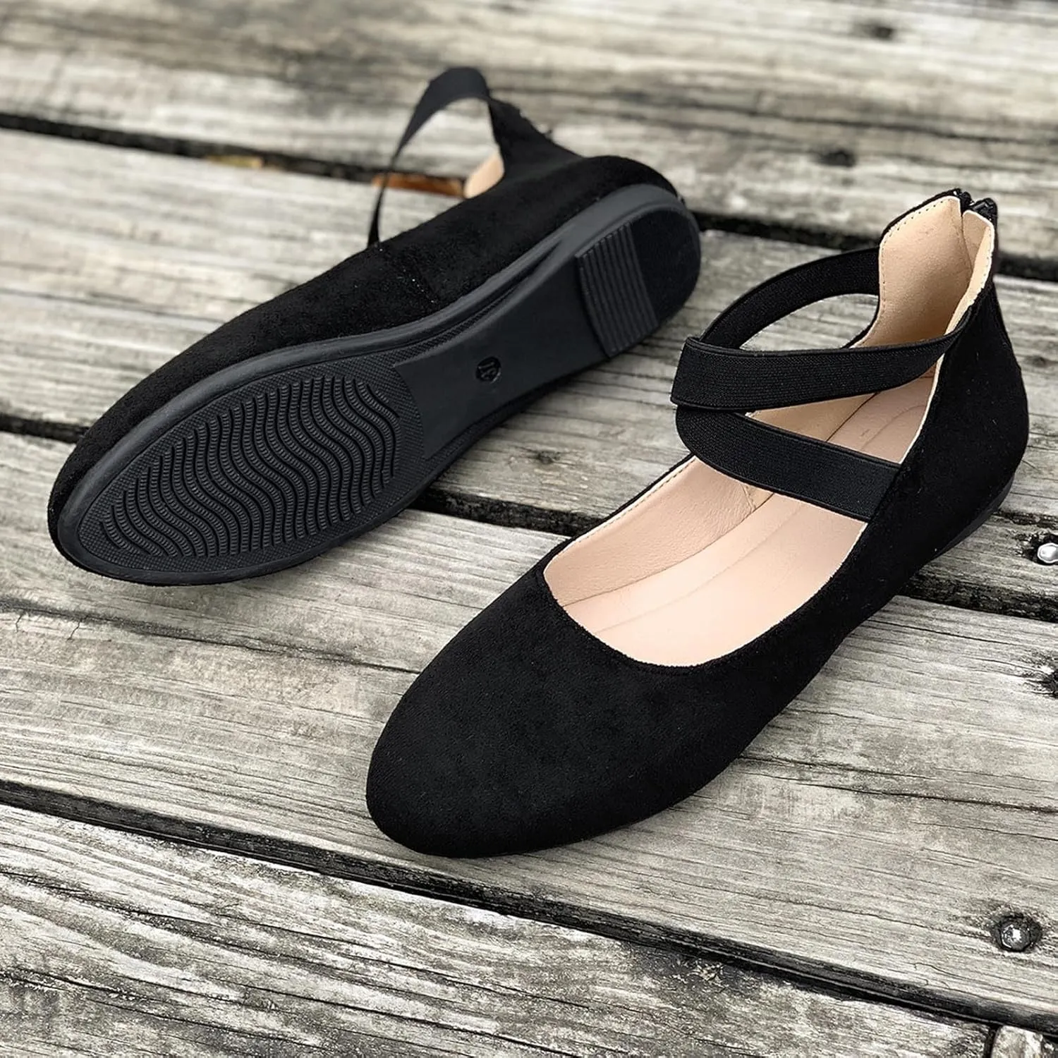 Women's Suede Ballet Shoes Large Size Shallow Mouth Elastic Strap Round Head Shoes Flat Heel Single Shoes Flat Shoes, 4